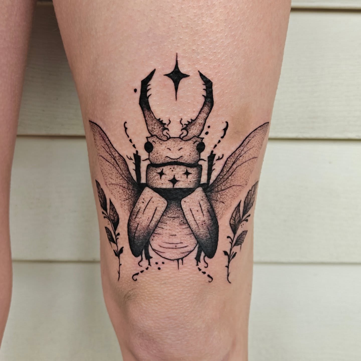 Insect dotwork tattoo on the thigh by Meg