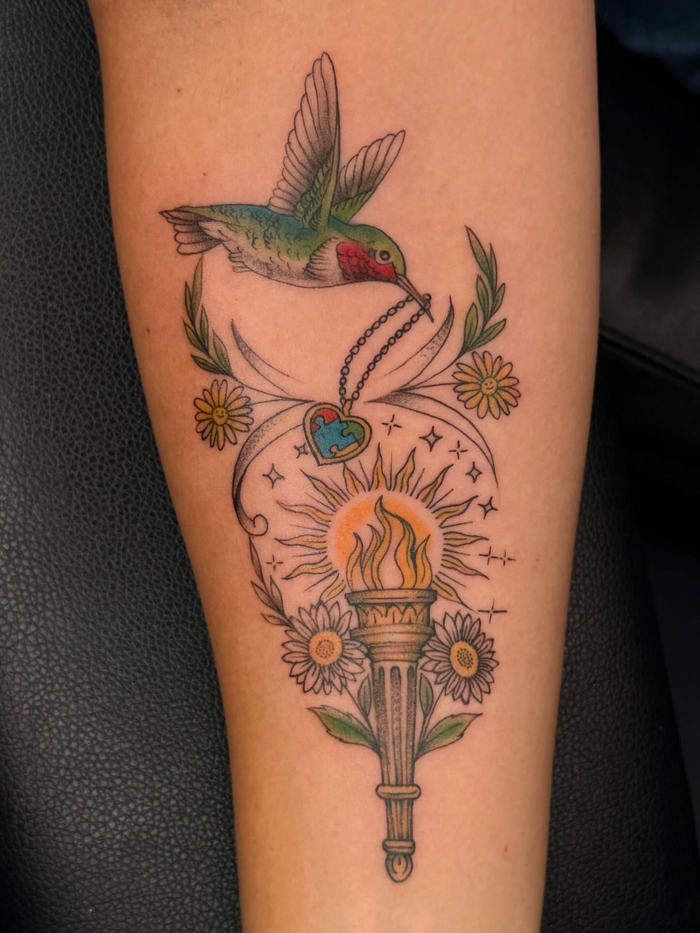 Bird and torch new school tattoo on the forearm by Exis LHinc, Miami, Florida