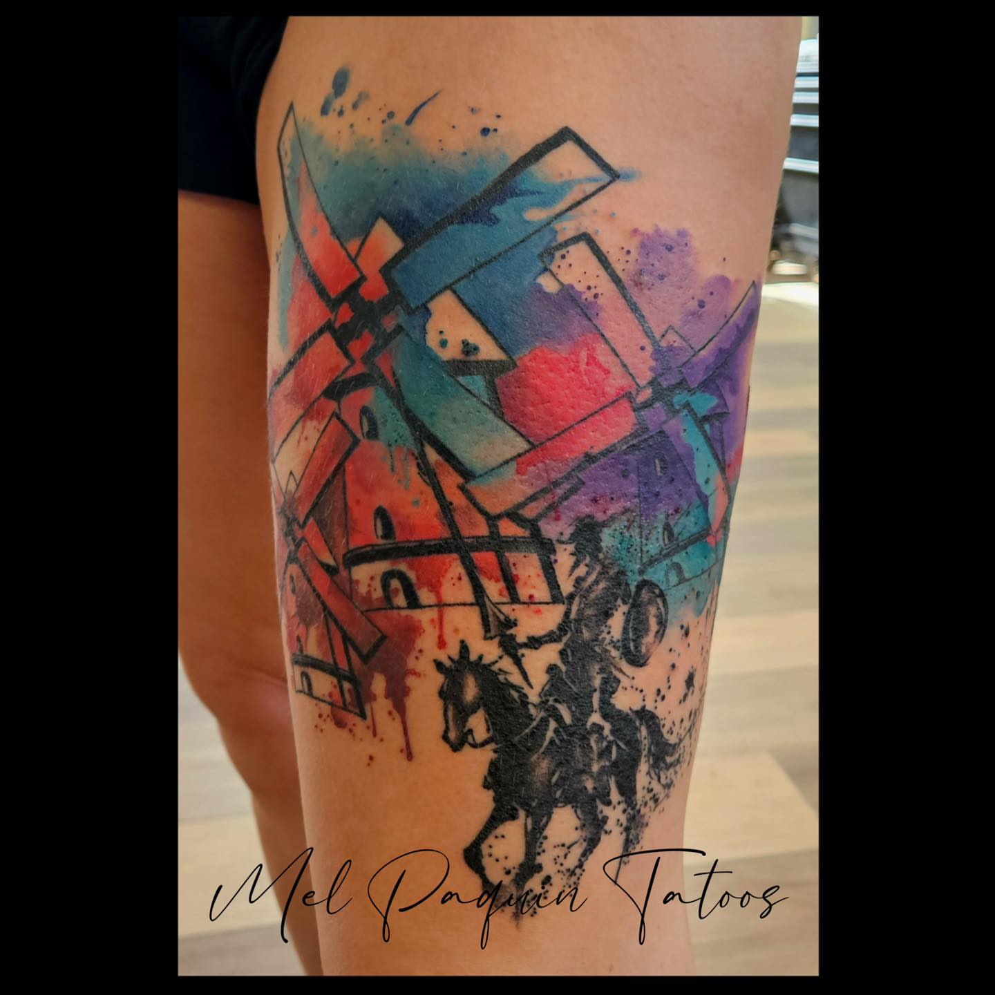 Tattoo by @melpaquintattoos — watercolor, geometric
