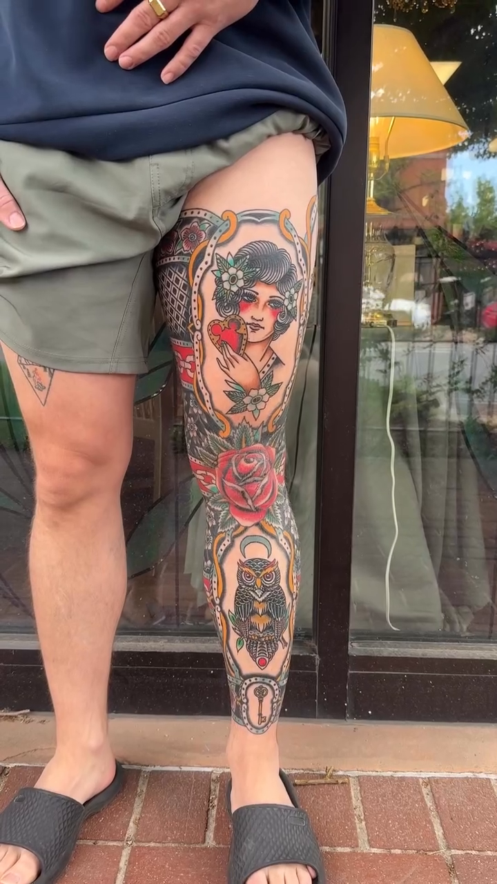 Full leg tattoo with traditional motifs Japanese tattoo on the leg by Ryan Moraski, Colorado Springs, Colorado
