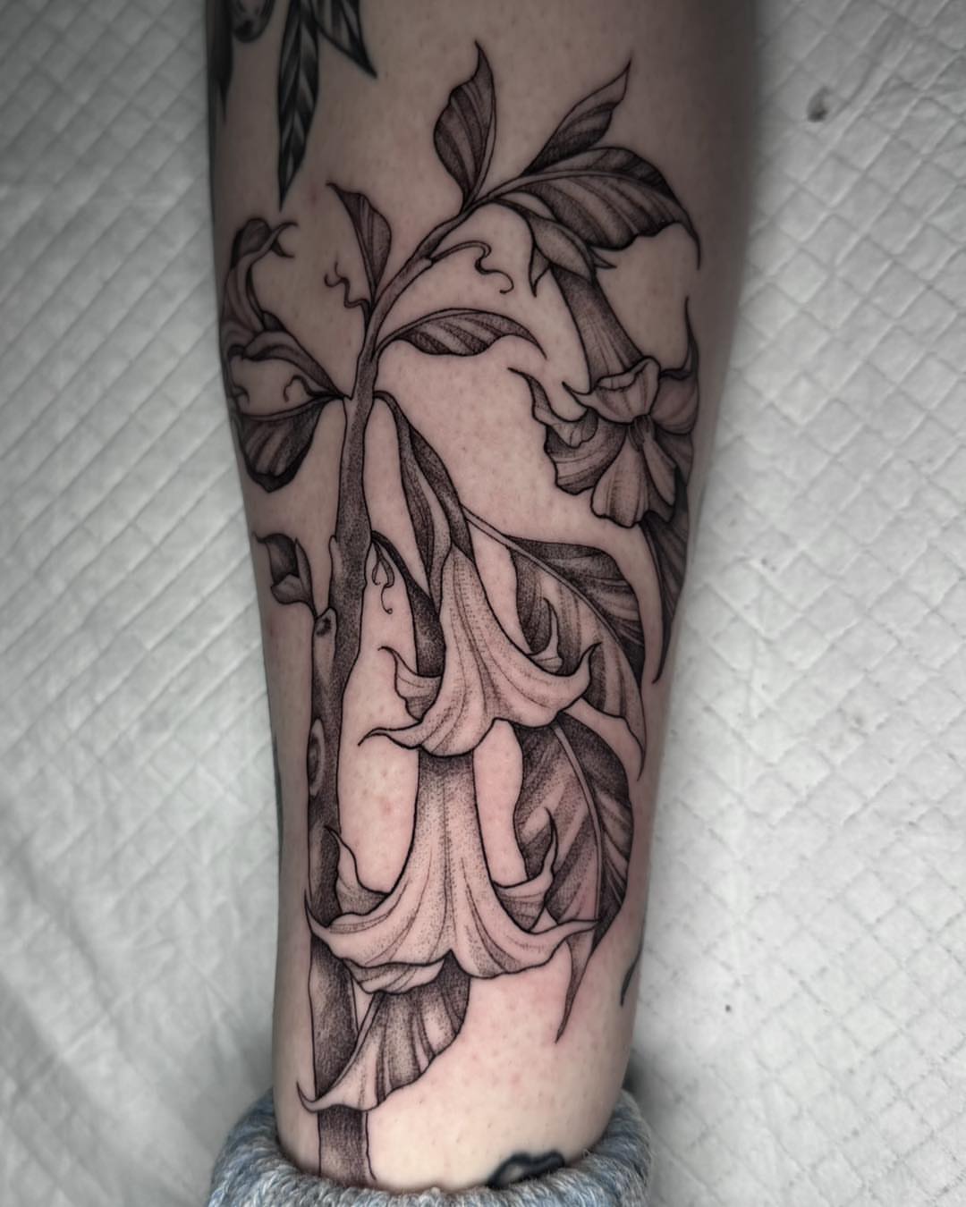 Bell flowers dotwork tattoo on the calf by Mikaela Rush, Greensboro, North Carolina
