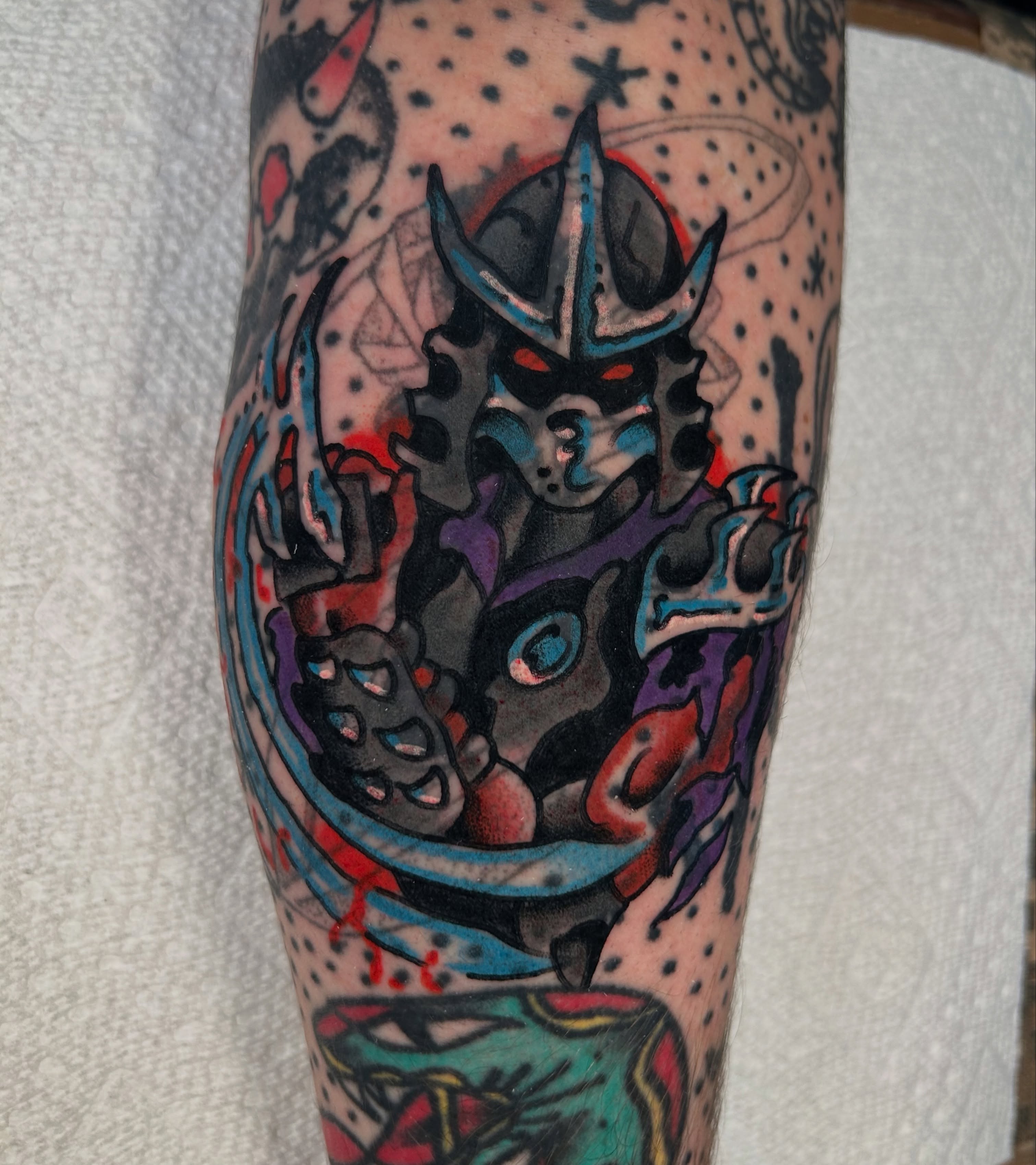 Demon warrior dotwork tattoo on the forearm by Kit Miller, Indianapolis, Indiana