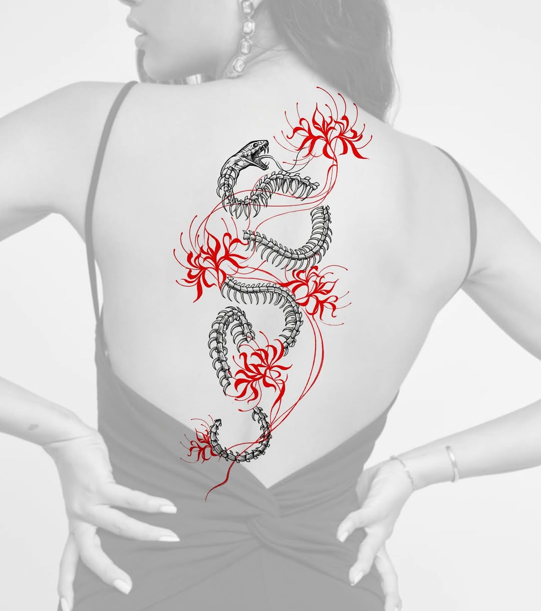 Skeleton snake and red flowers cyber sigilism tattoo on the back by Ethan