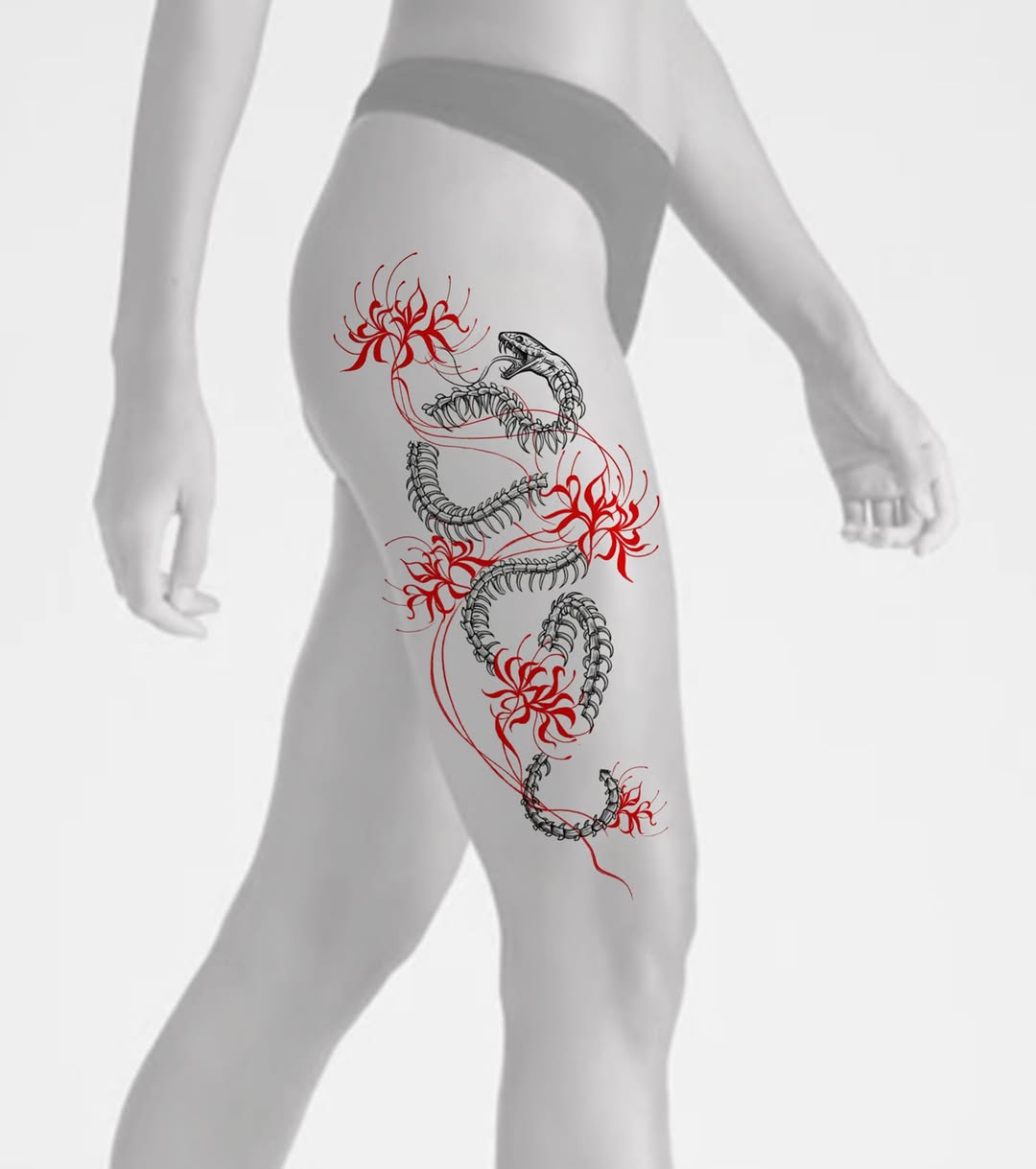 Snake and spider lilies cyber sigilism tattoo on the thigh by Ethan