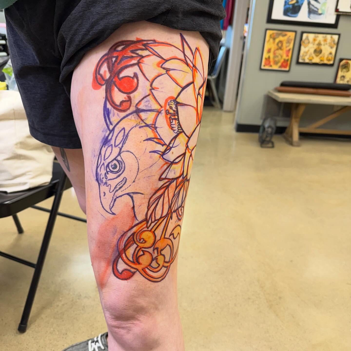 Elephant watercolor tattoo on the thigh by Chris Smiseck