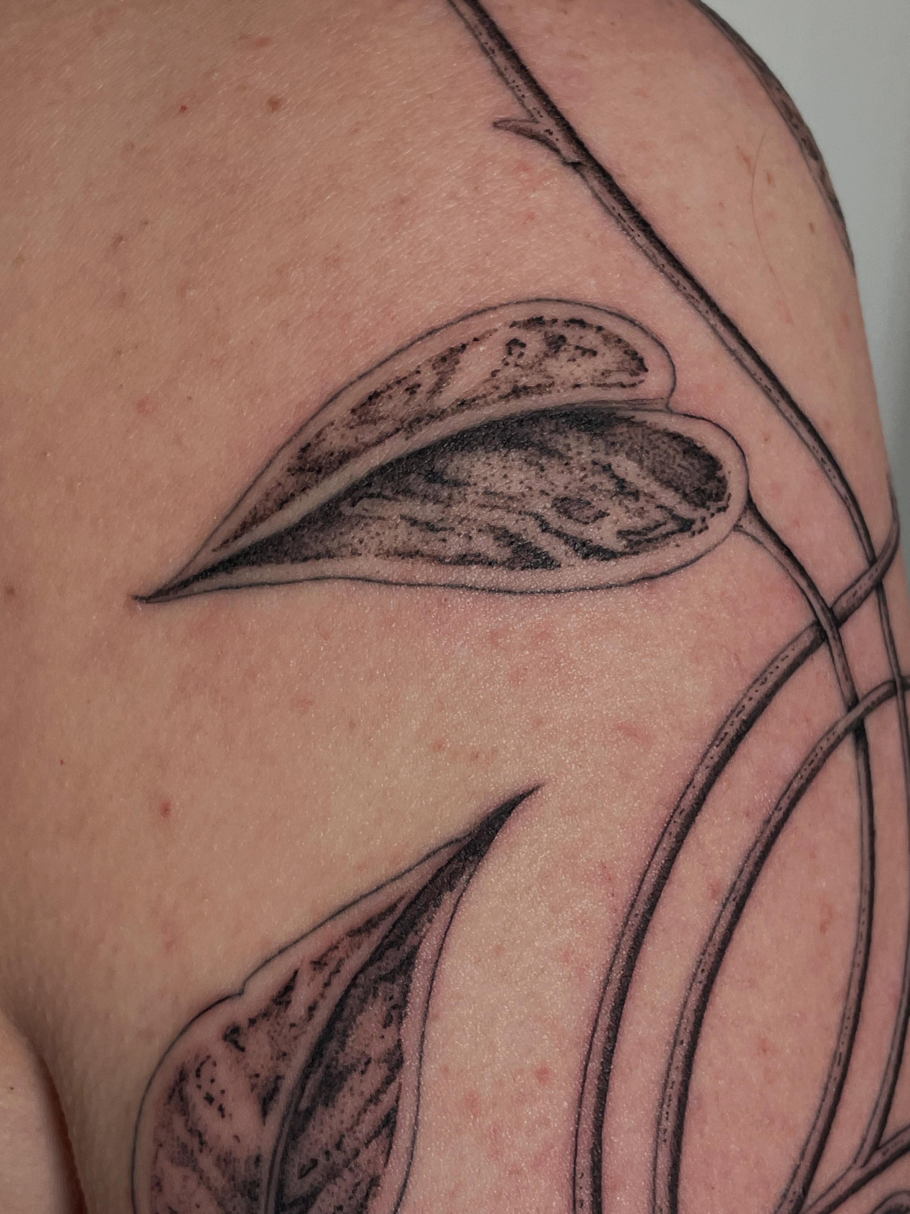 Leaf black and grey tattoo on the shoulder by Marjeline González🌈🌞