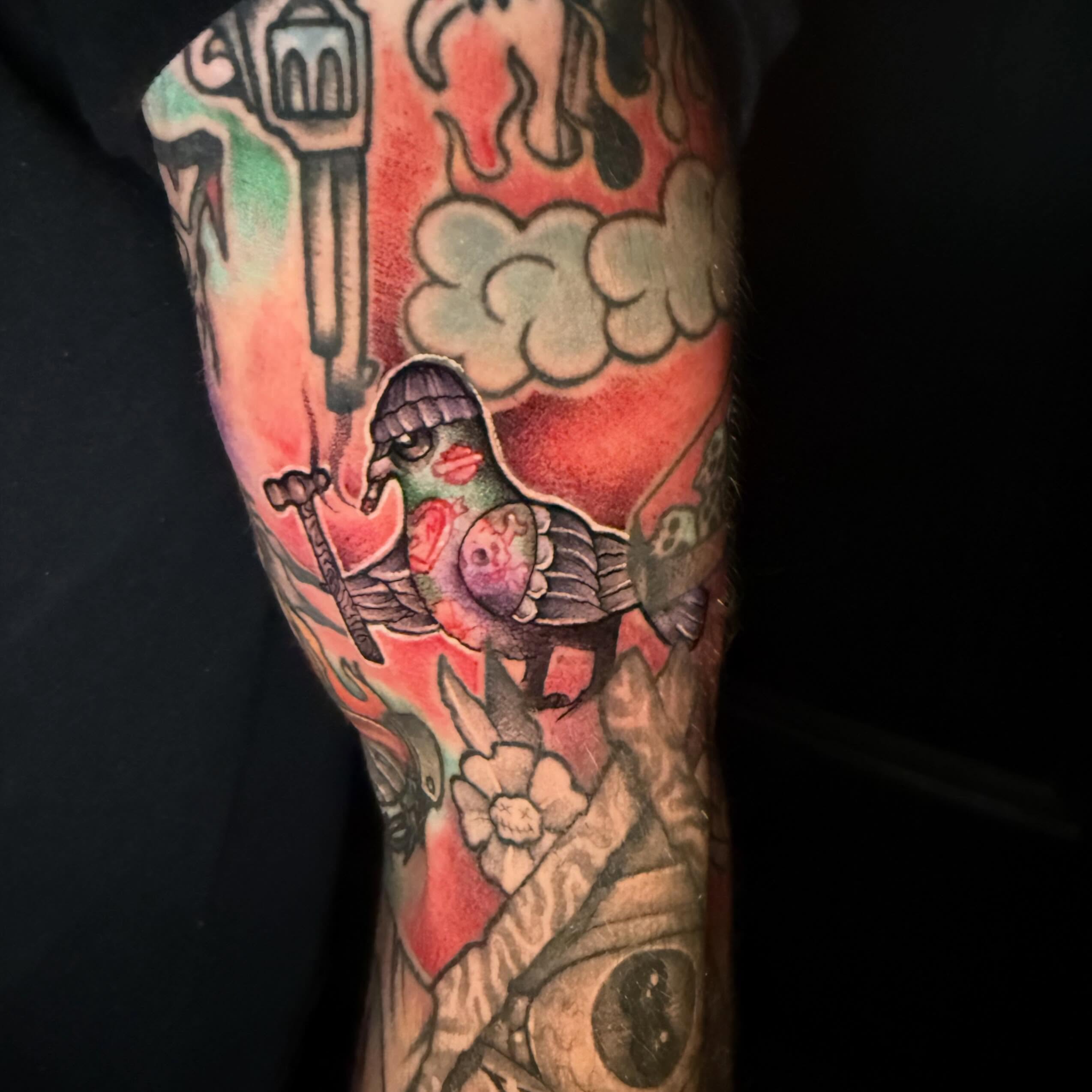Bird with human features American traditional tattoo on the forearm by Alex Wheelock