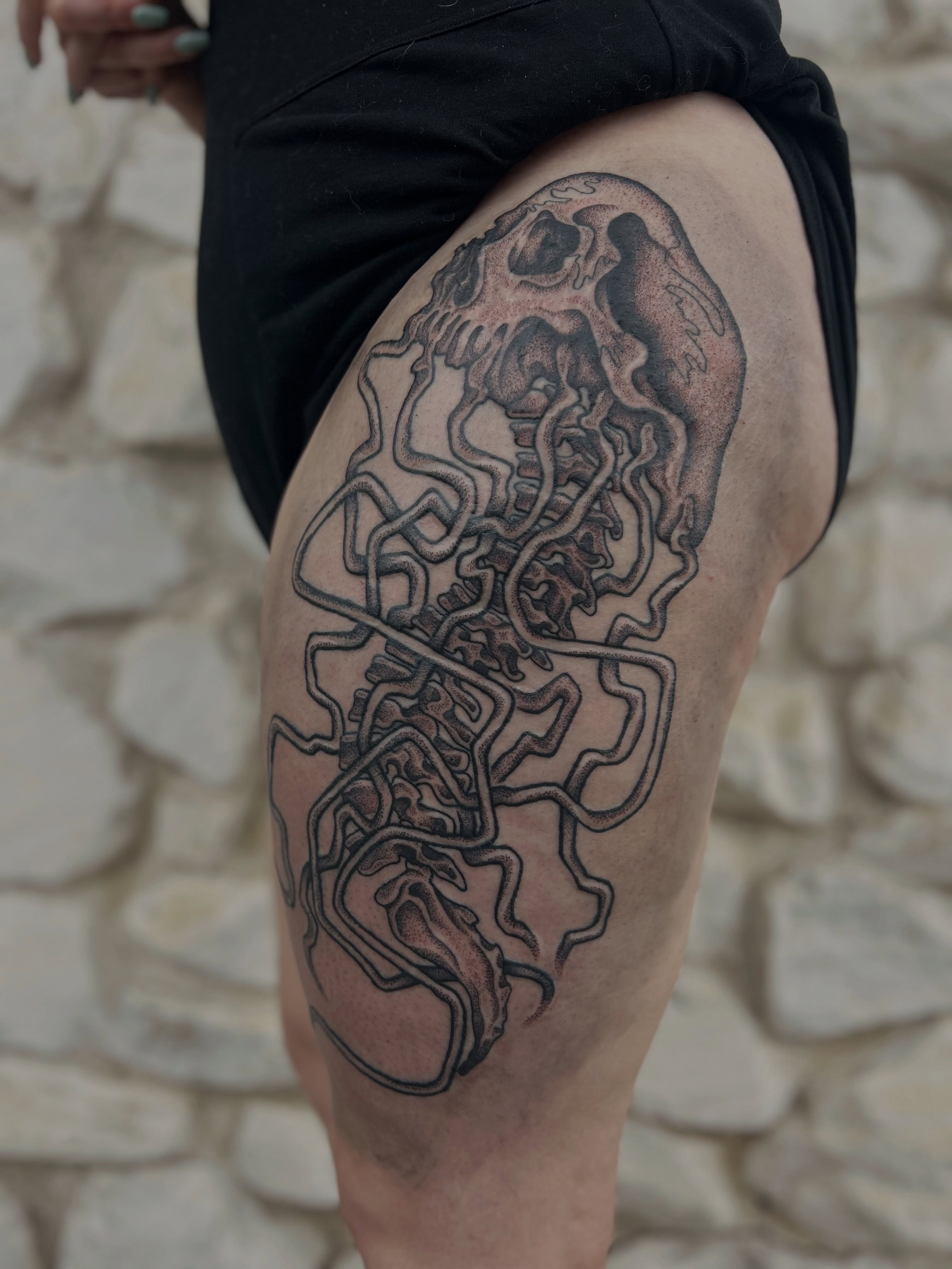 Tattoo by @katie.rosemarytattoos — black_and_grey, geometric