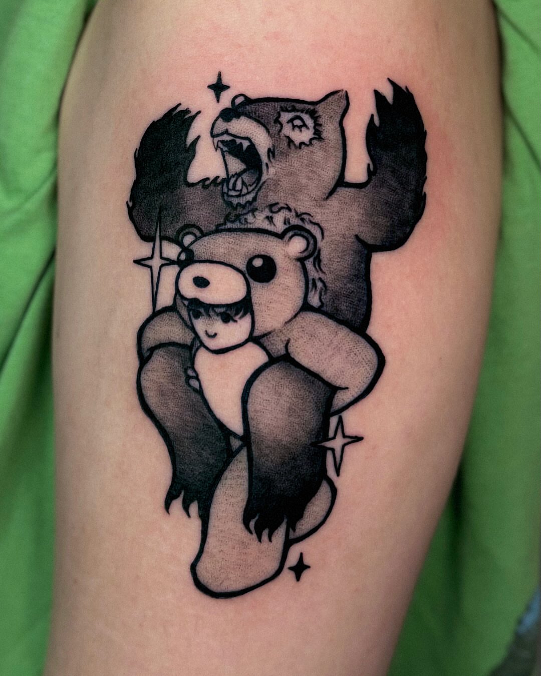 Bear and teddy bear black and grey tattoo on the forearm by Kal