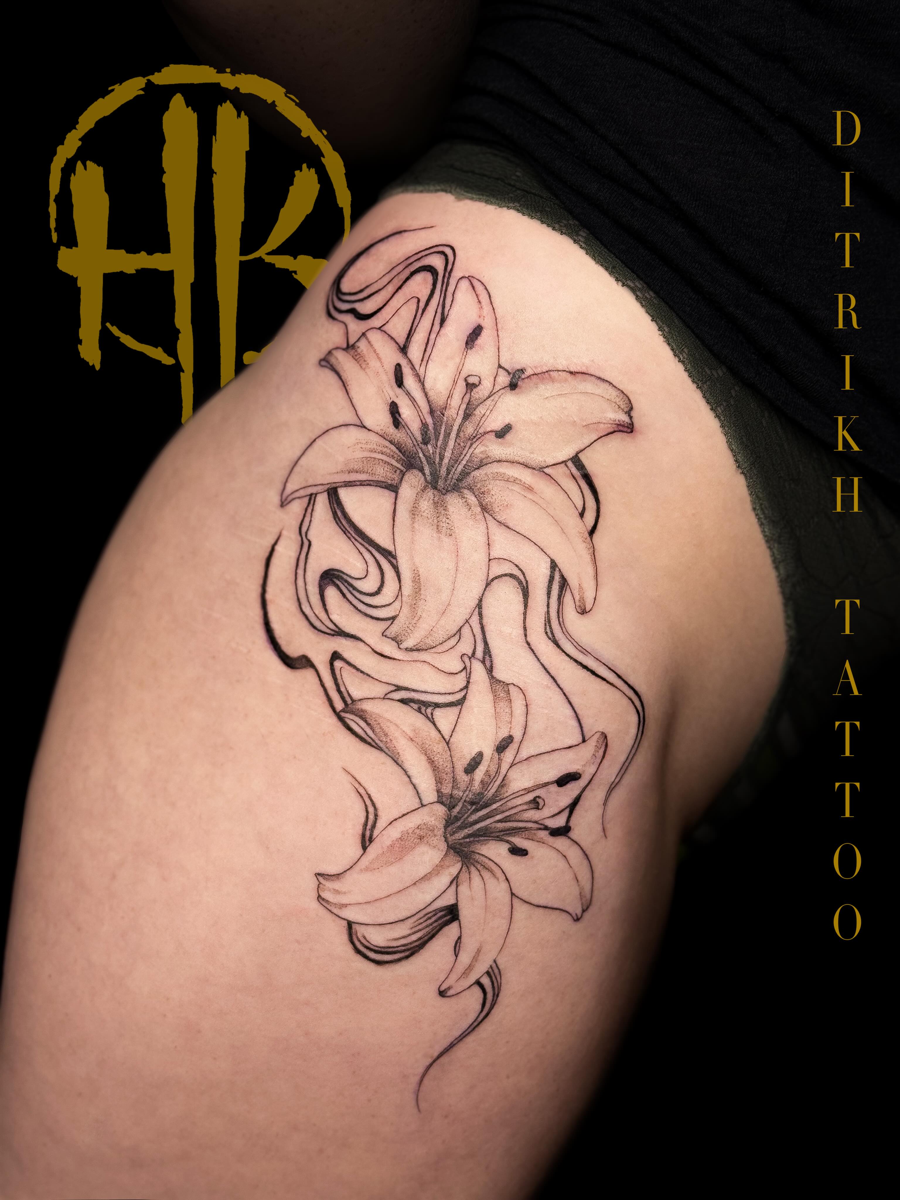 Lilies black and grey tattoo on the shoulder by KET, Calgary, Alberta