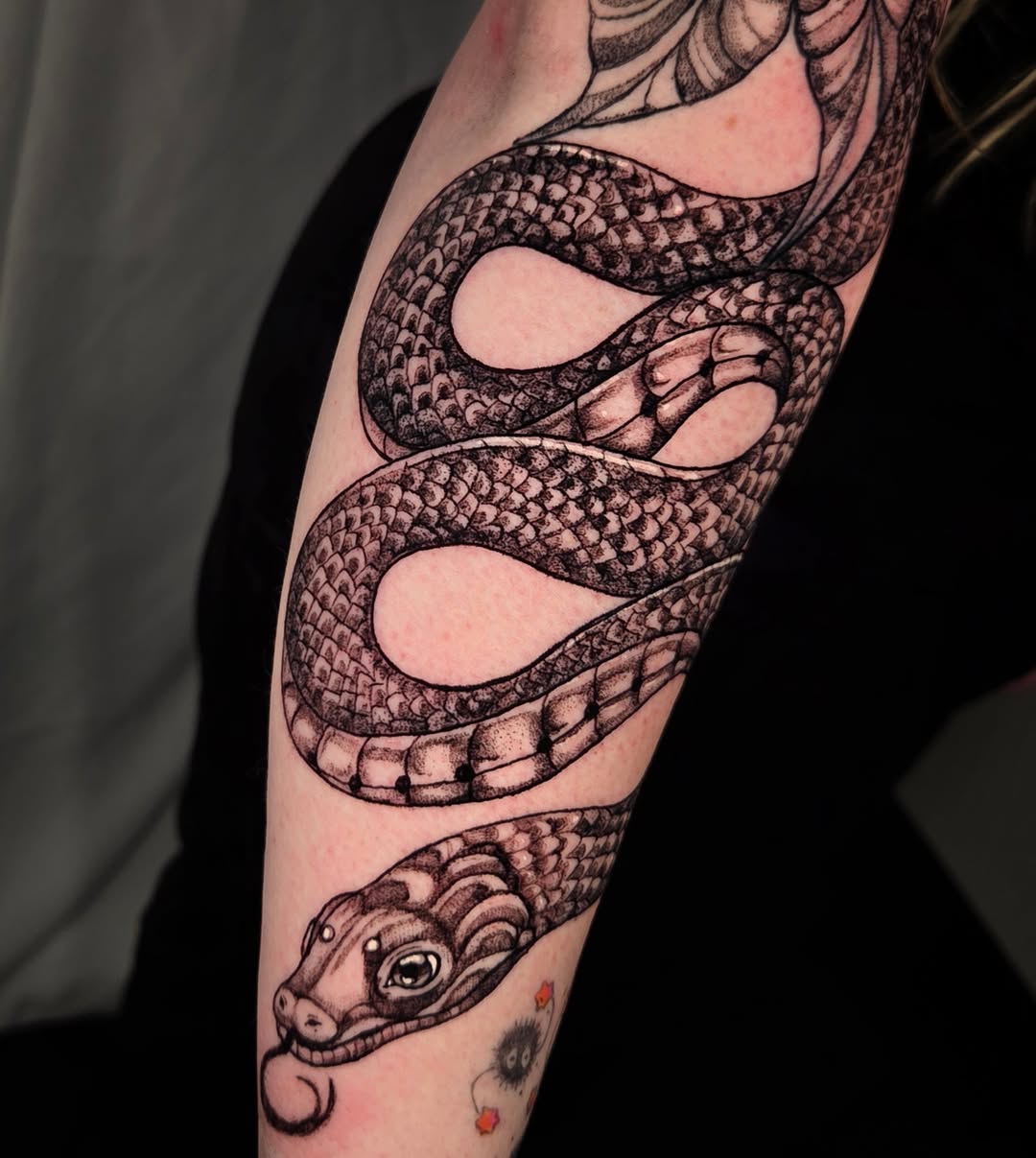 Snake black and grey tattoo on the forearm by Devin 🖤
