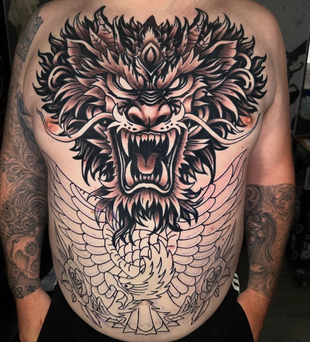 Dragon japanese irezumi tattoo on the chest by Beau Zeis