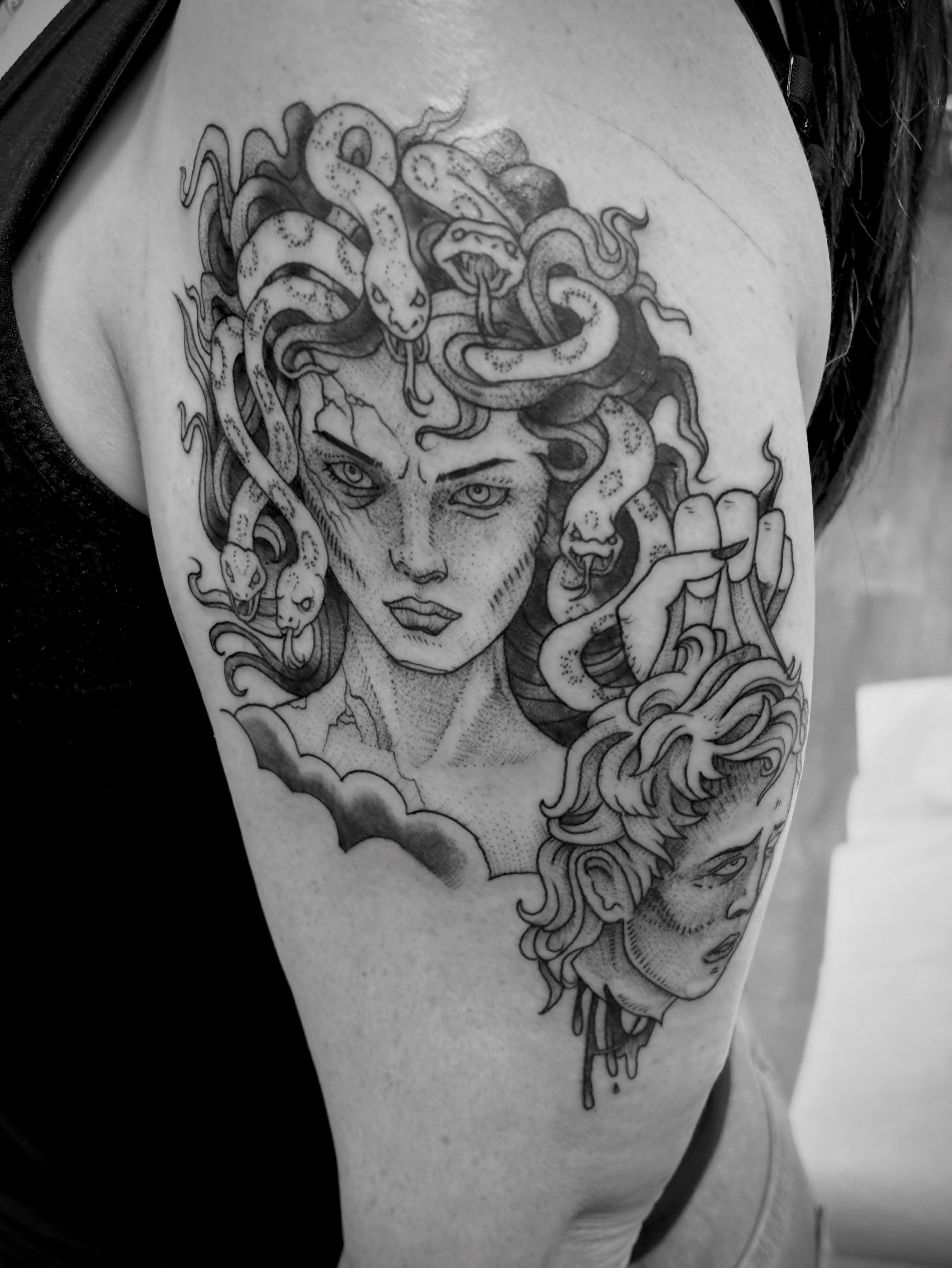 Medusa dotwork tattoo on the shoulder by Jason Allen, Avondale, Arizona