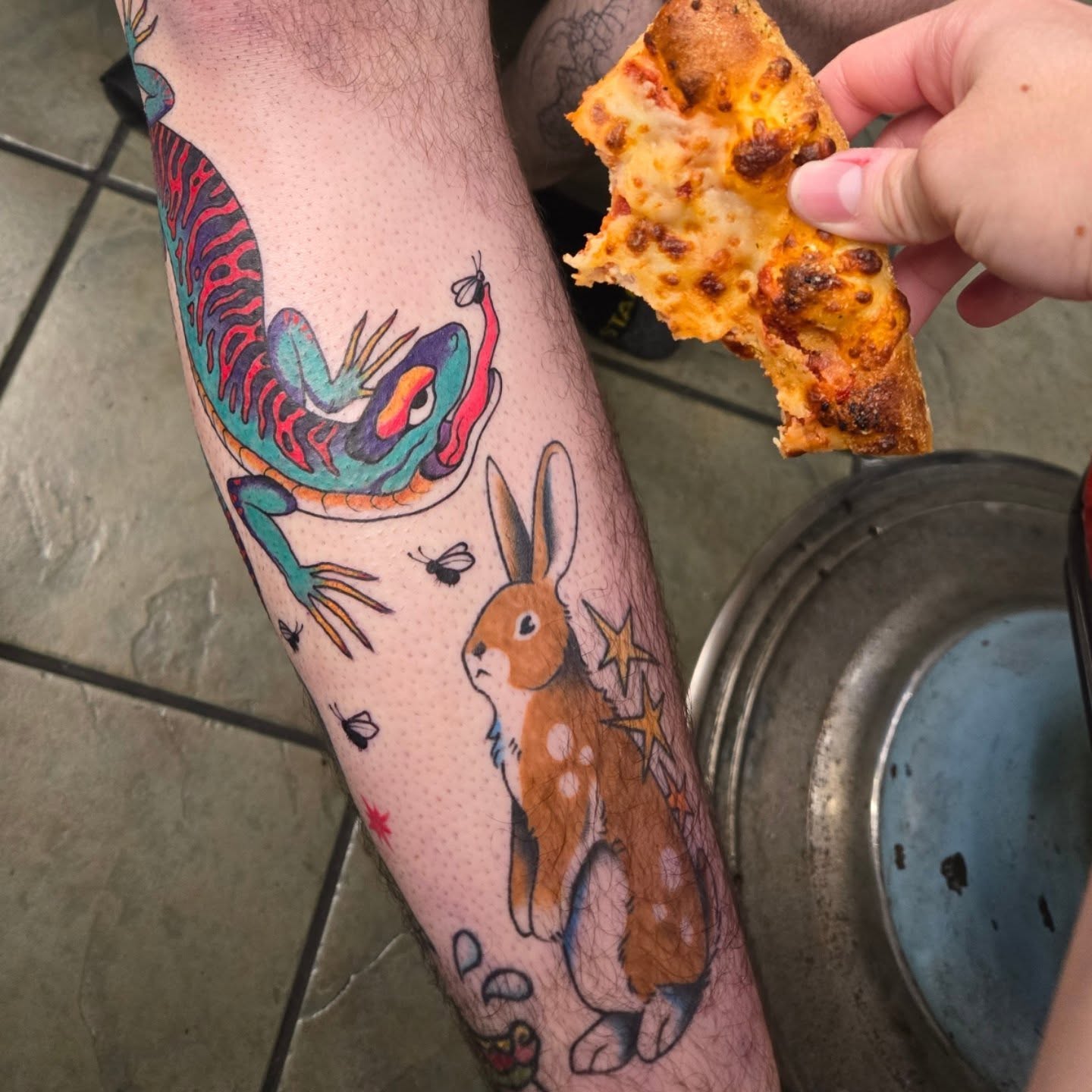 Rabbit and dragon American traditional tattoo on the forearm by alec