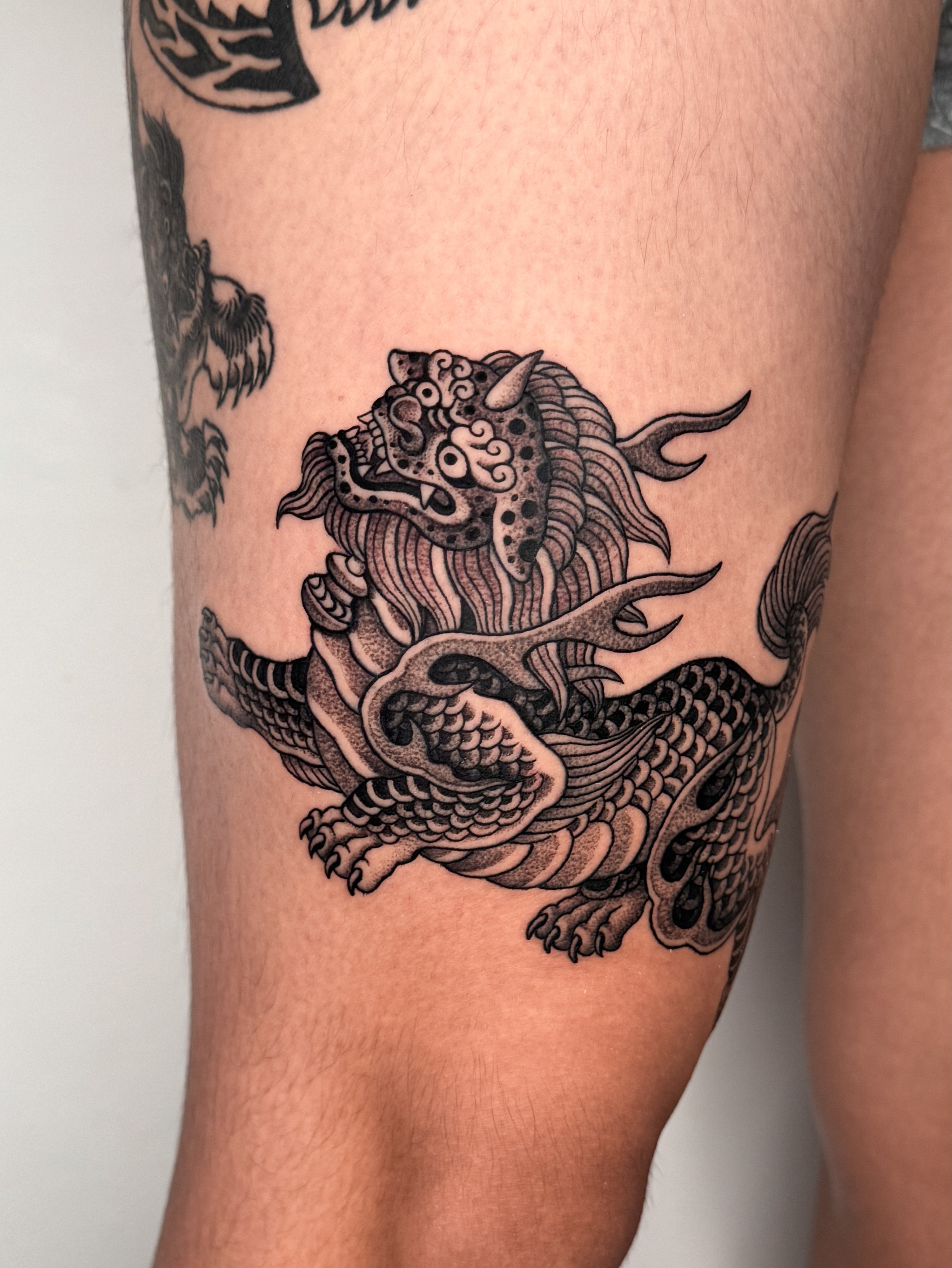 Lion and dragon dotwork tattoo on the forearm by Jae Traditional Tattoo
