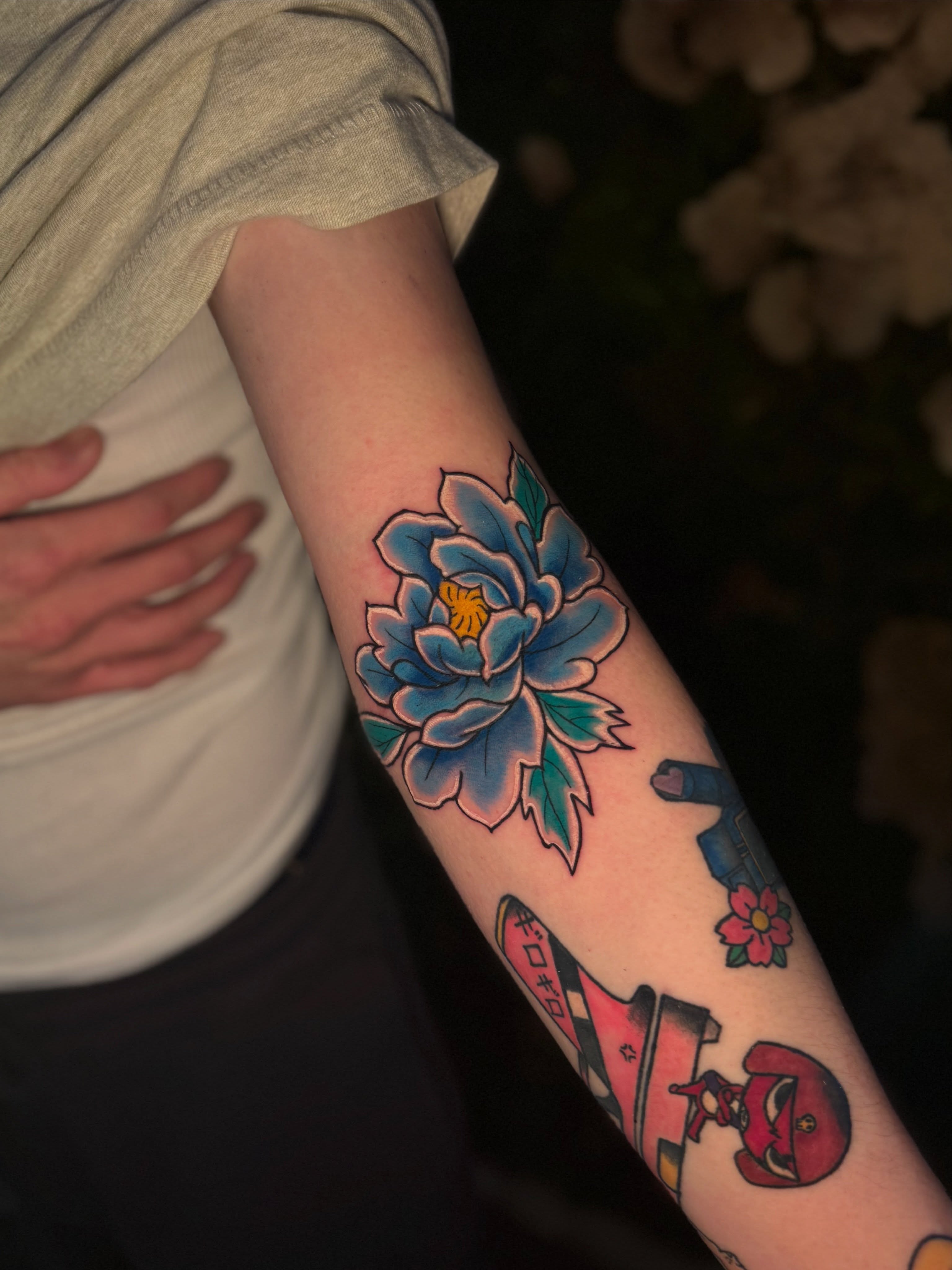 Peony flower American traditional tattoo on the forearm by 🌸Cinthia ちゃん🌹, New York, New York