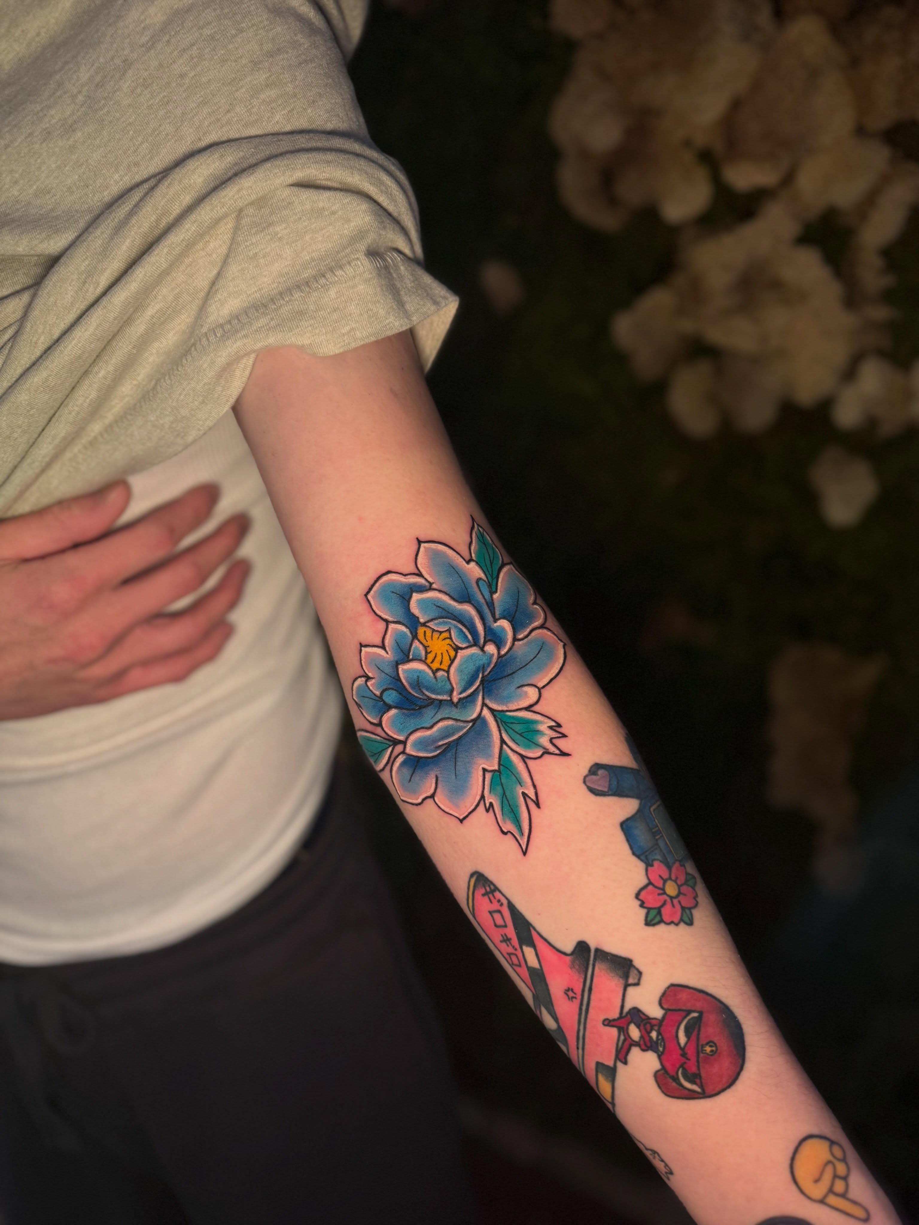 Peony flower American traditional tattoo on the forearm by 🌸Cinthia ちゃん🌹, New York, New York