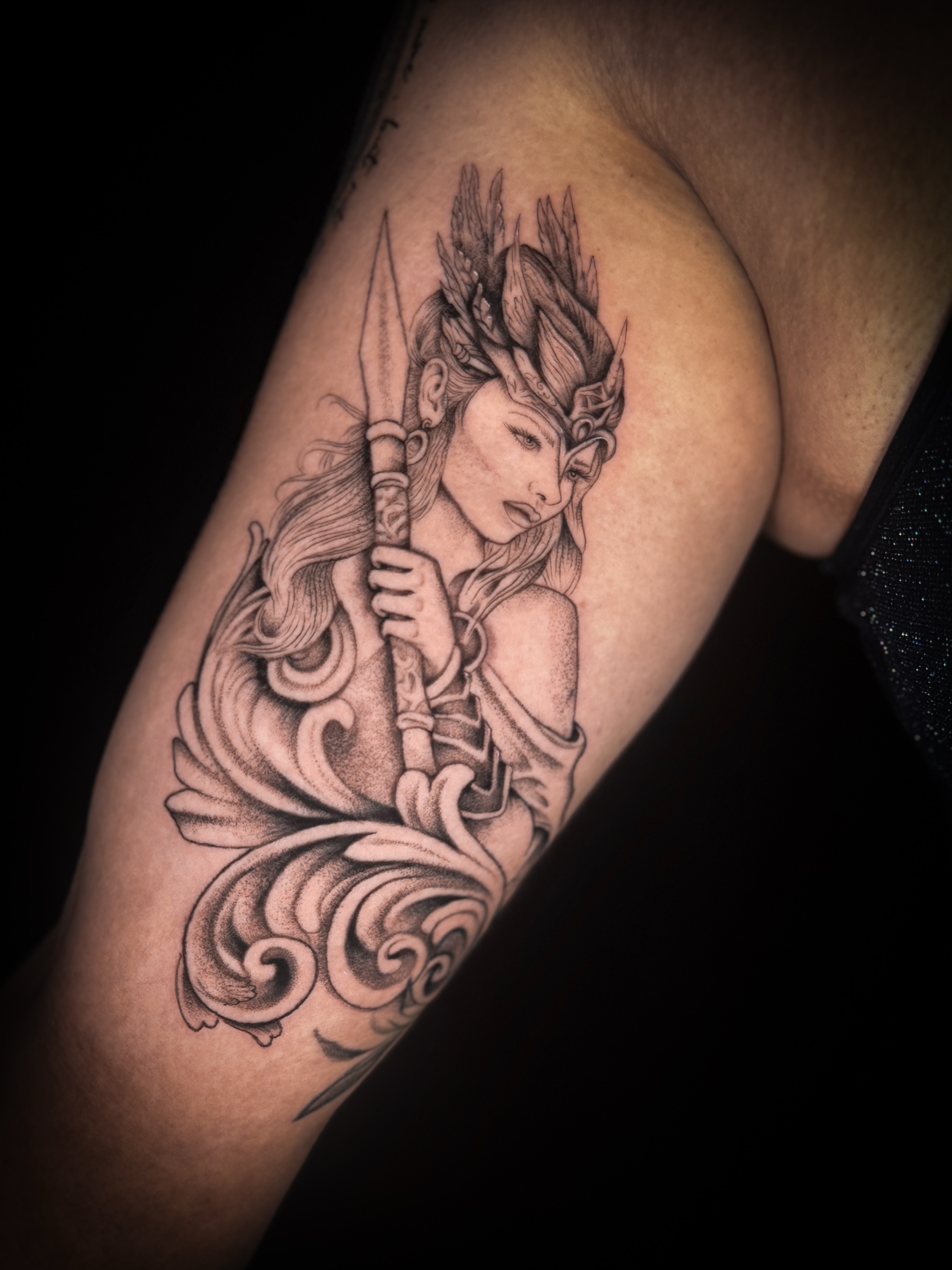 Warrior with spear realism tattoo on the forearm by Jennifer Ramirez