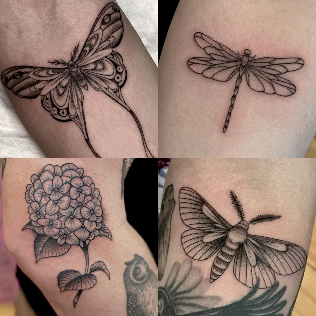 Insects and flowers black and grey tattoo on the forearm by Dylan Curry