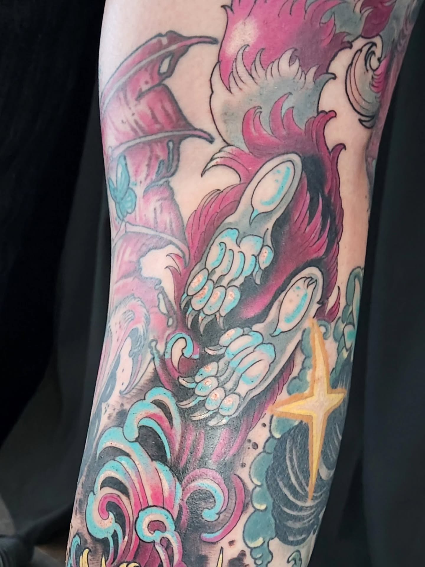 Dragon and star American traditional tattoo on the forearm by Randy
