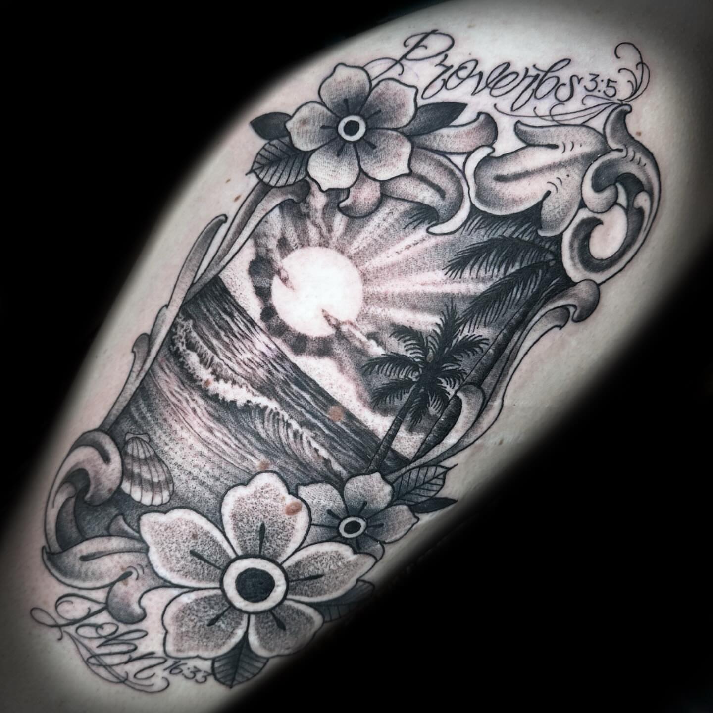 Beach scene realism tattoo on the forearm by Kelsea Weir McCree