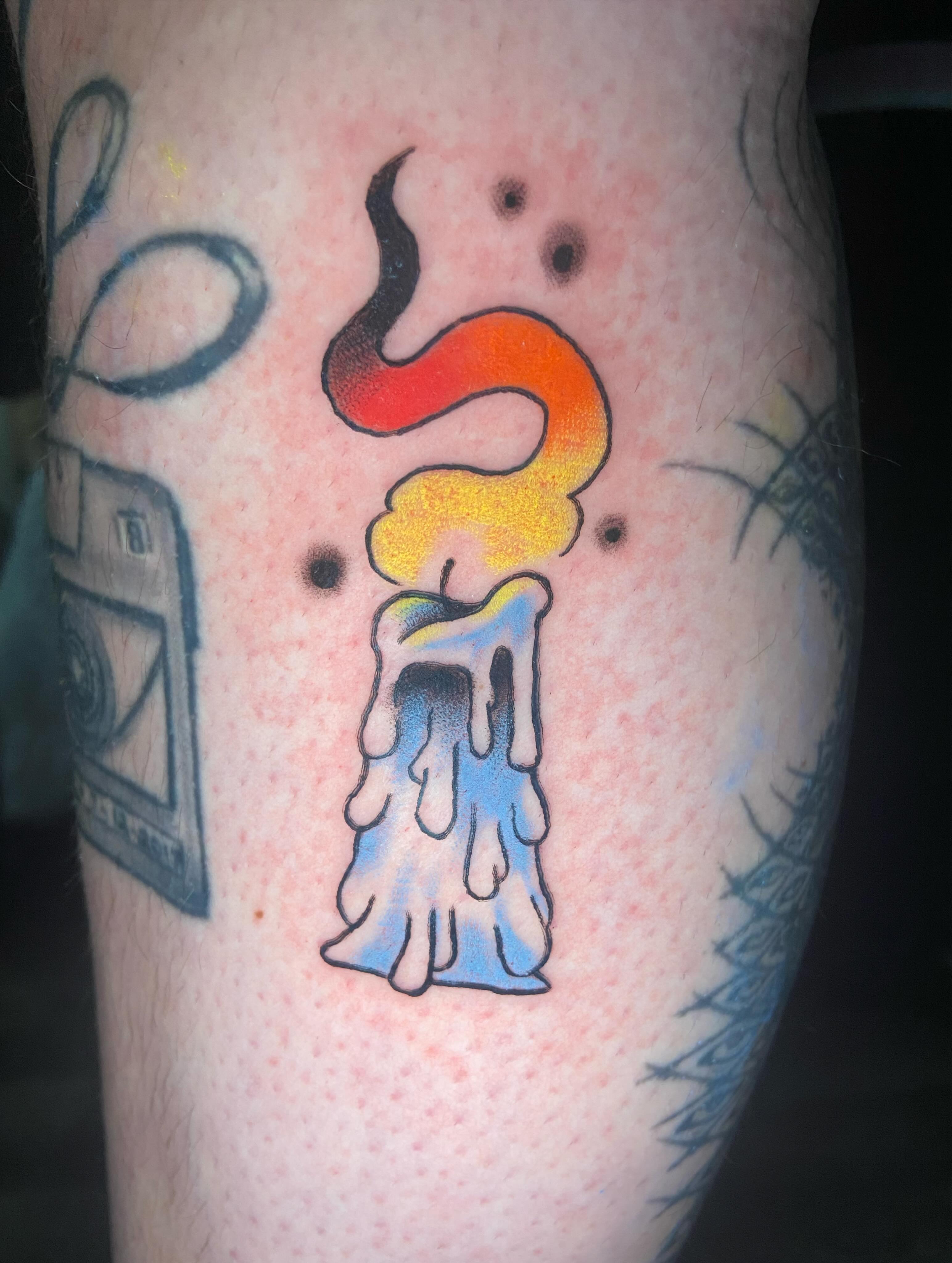 Dripping candle new school tattoo on the forearm by 🐆Cam Feral Tattoos