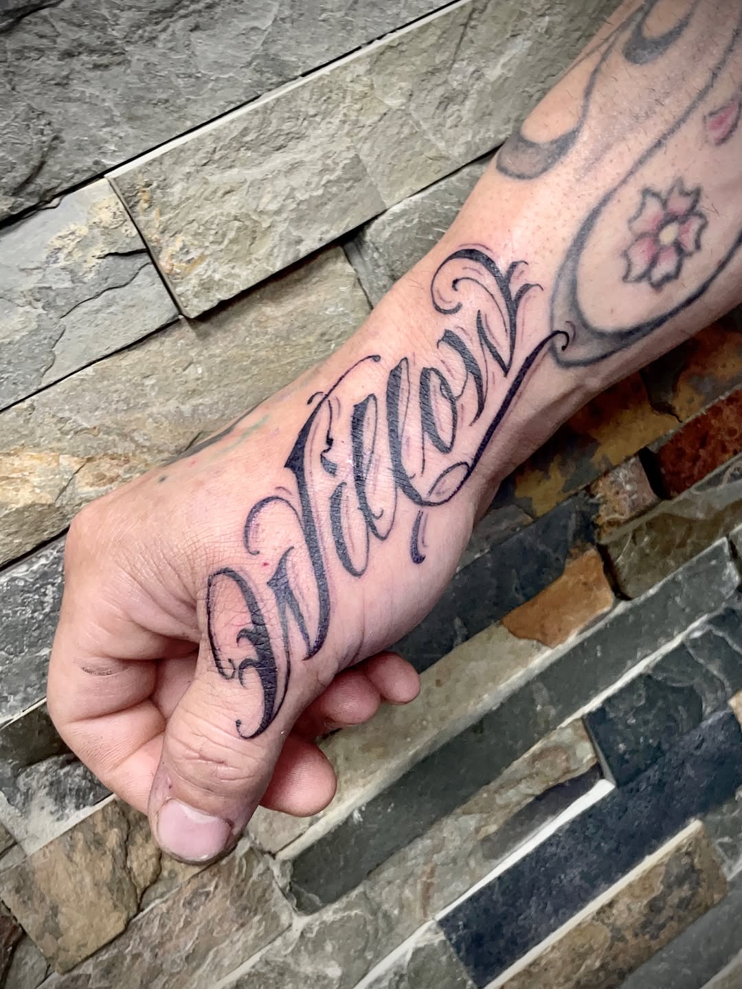 Tattoo by @jasonansley — lettering_script, chicano