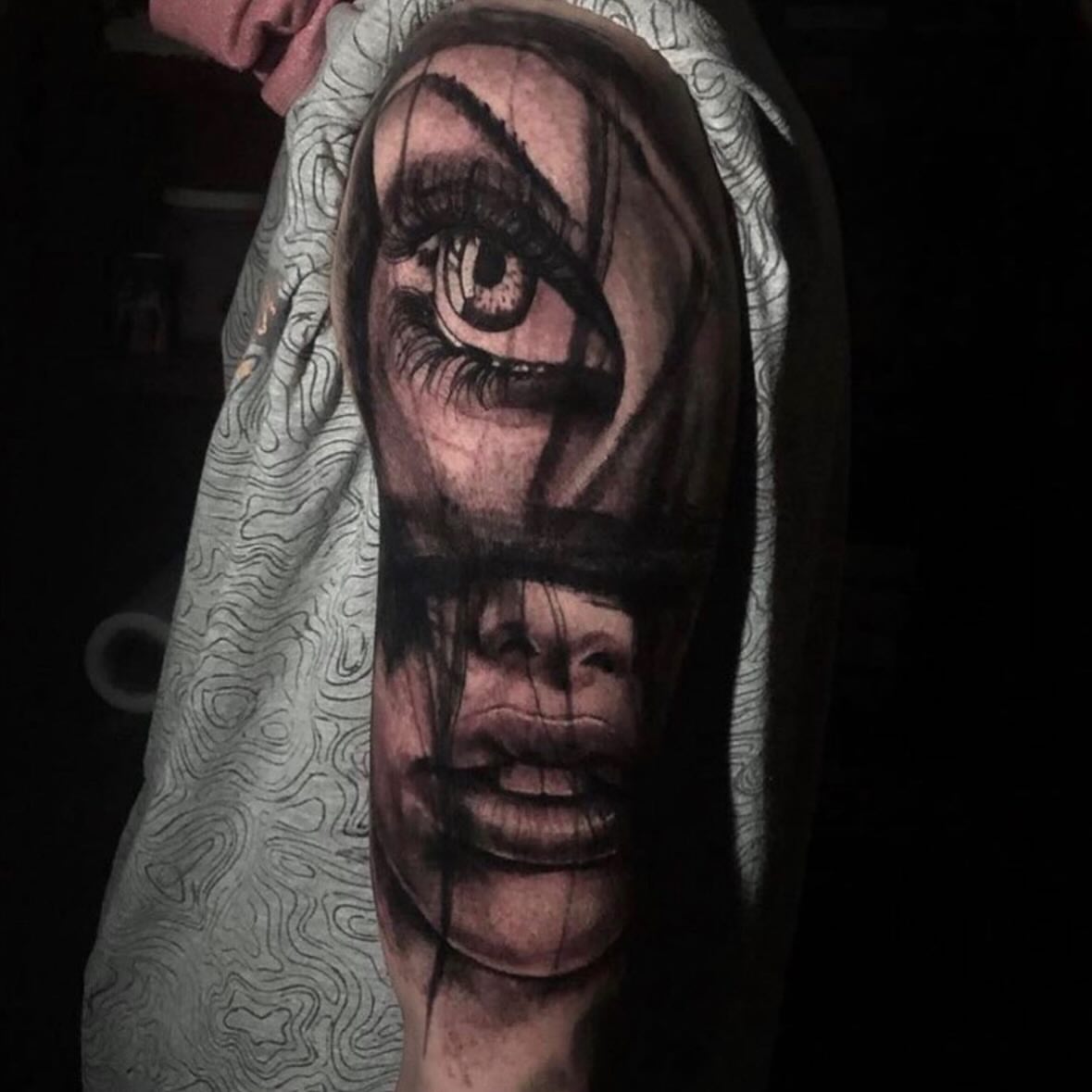 Woman's face realism tattoo on the forearm by Mtctattoos