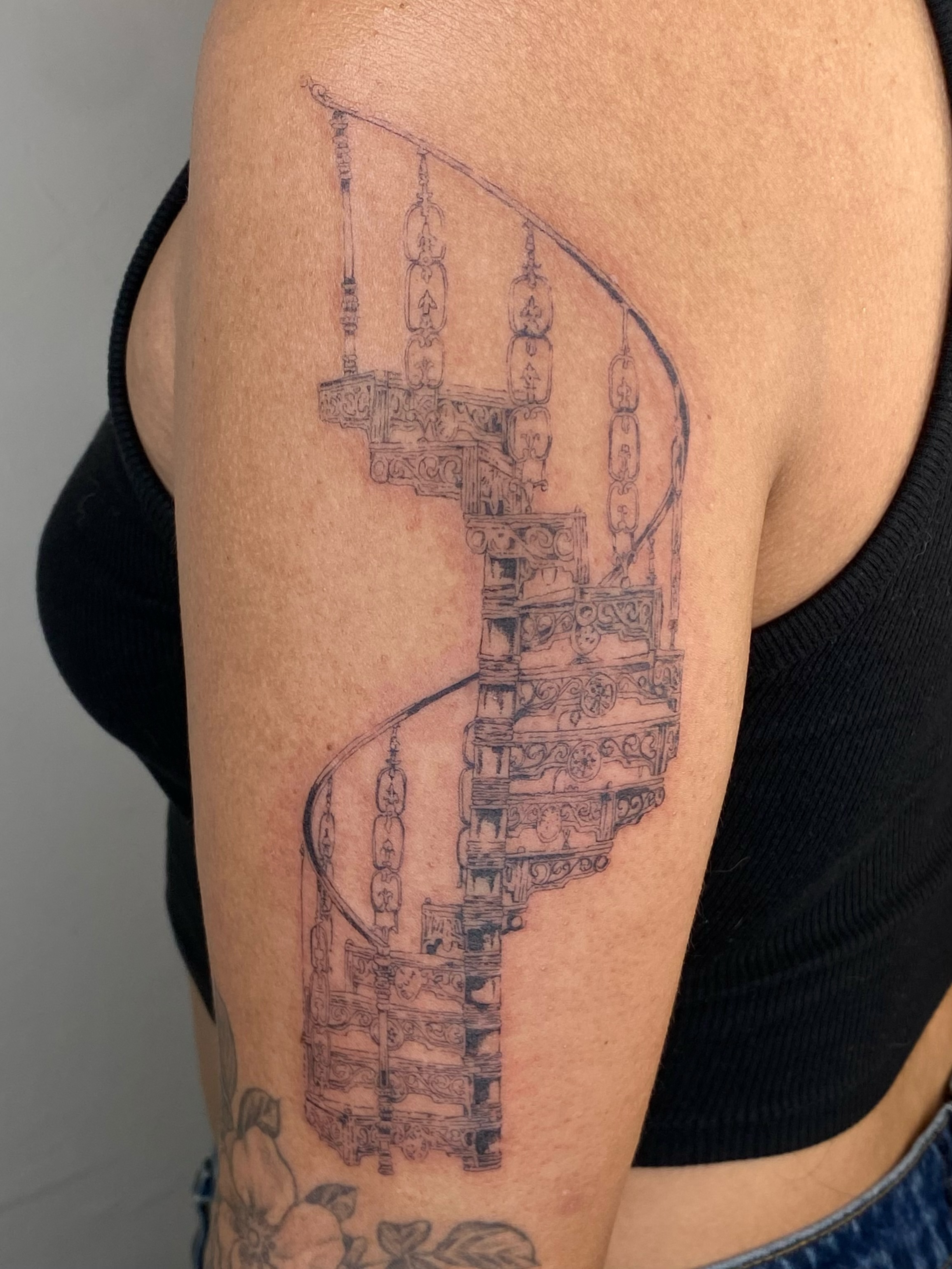 Staircase black and grey tattoo on the upper arm by ๐ป๐๐๐๐๐๐๐ โงห*ยฐเฟ