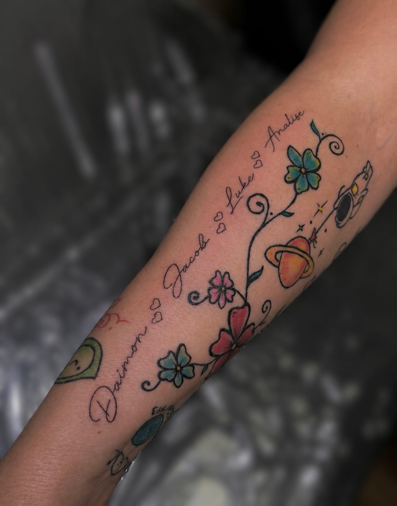 Floral and celestial motifs new school tattoo on the forearm by 𝒜𝓇𝓉𝒾𝓈𝓉 𝒟𝒶𝒾𝓈𝓎 ♡