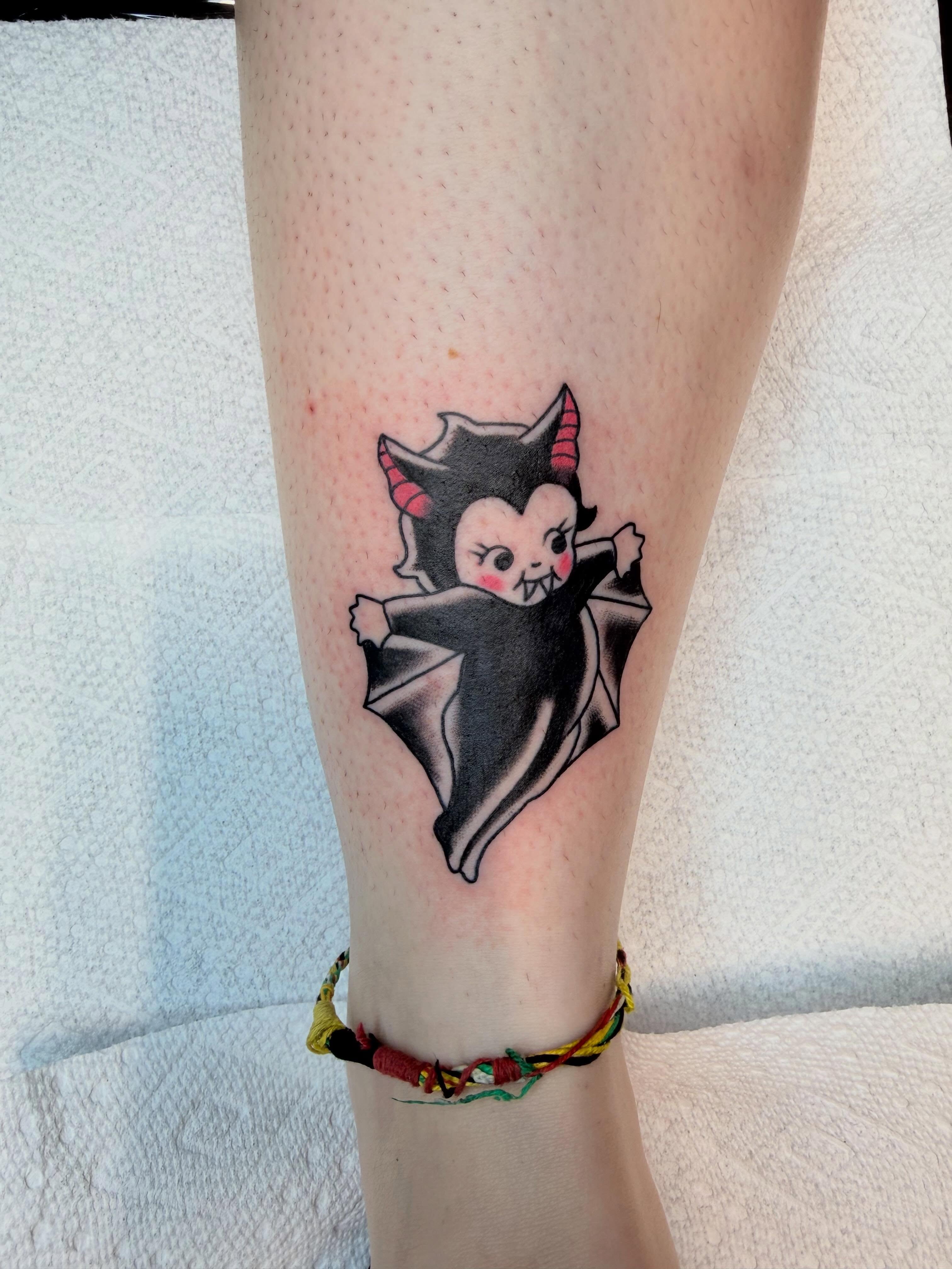 Bat new school tattoo on the forearm by Evan Voelker