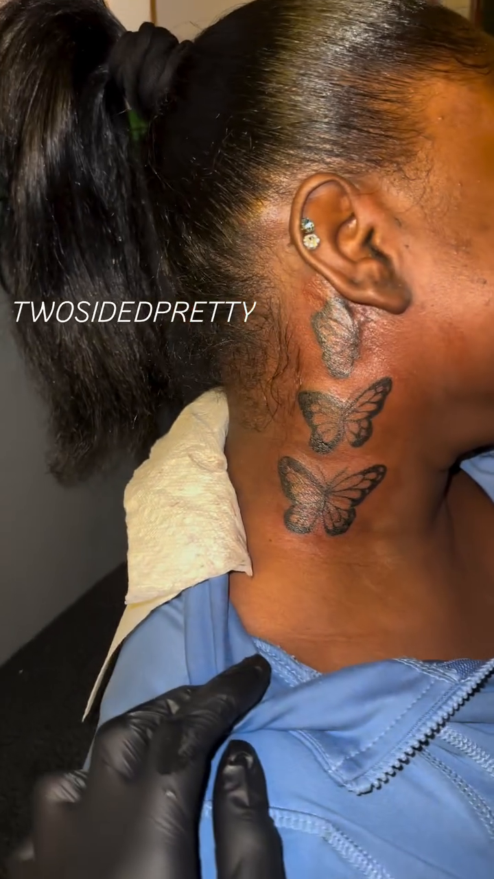 Butterflies fine line tattoo on the neck by @twosidedpretty