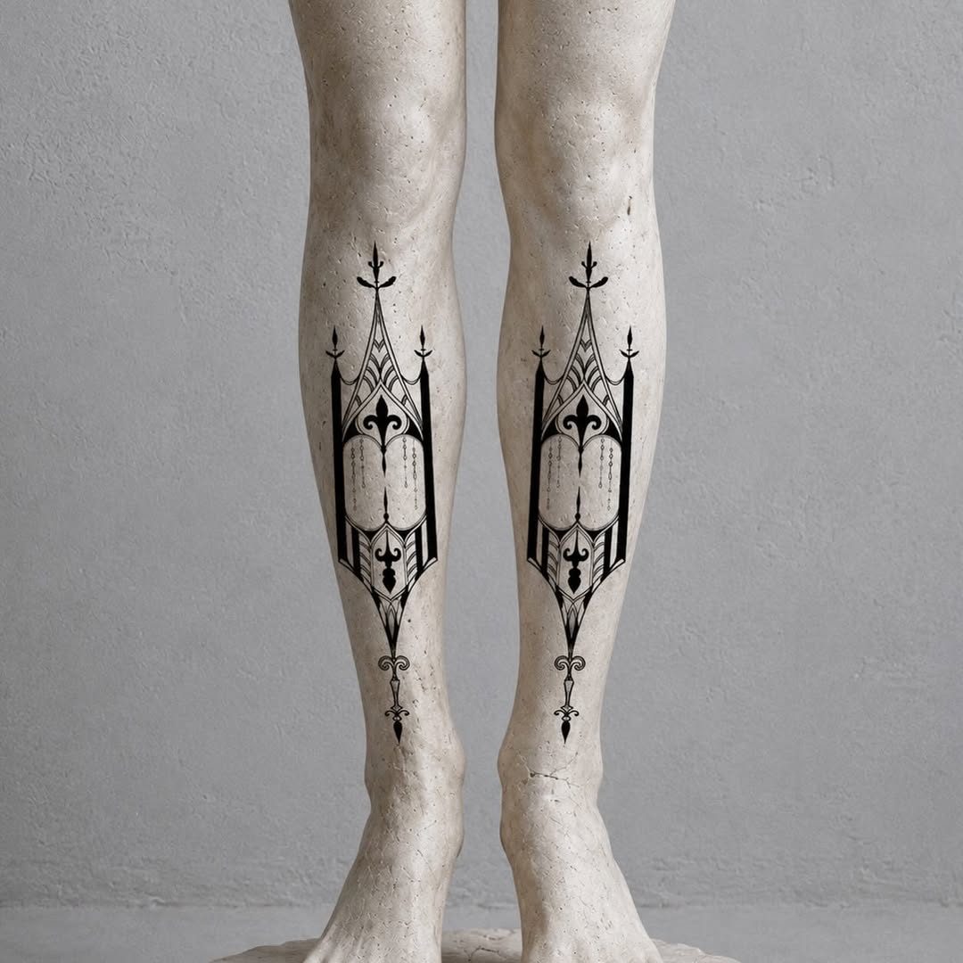 Ornamental leg tattoos cyber sigilism tattoo on the calf by Nika