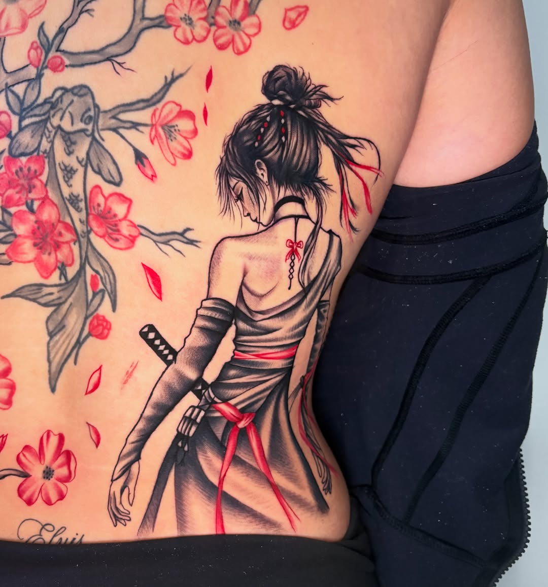 Geisha with cherry blossoms japanese irezumi tattoo on the thigh by Osiel Rodriguez