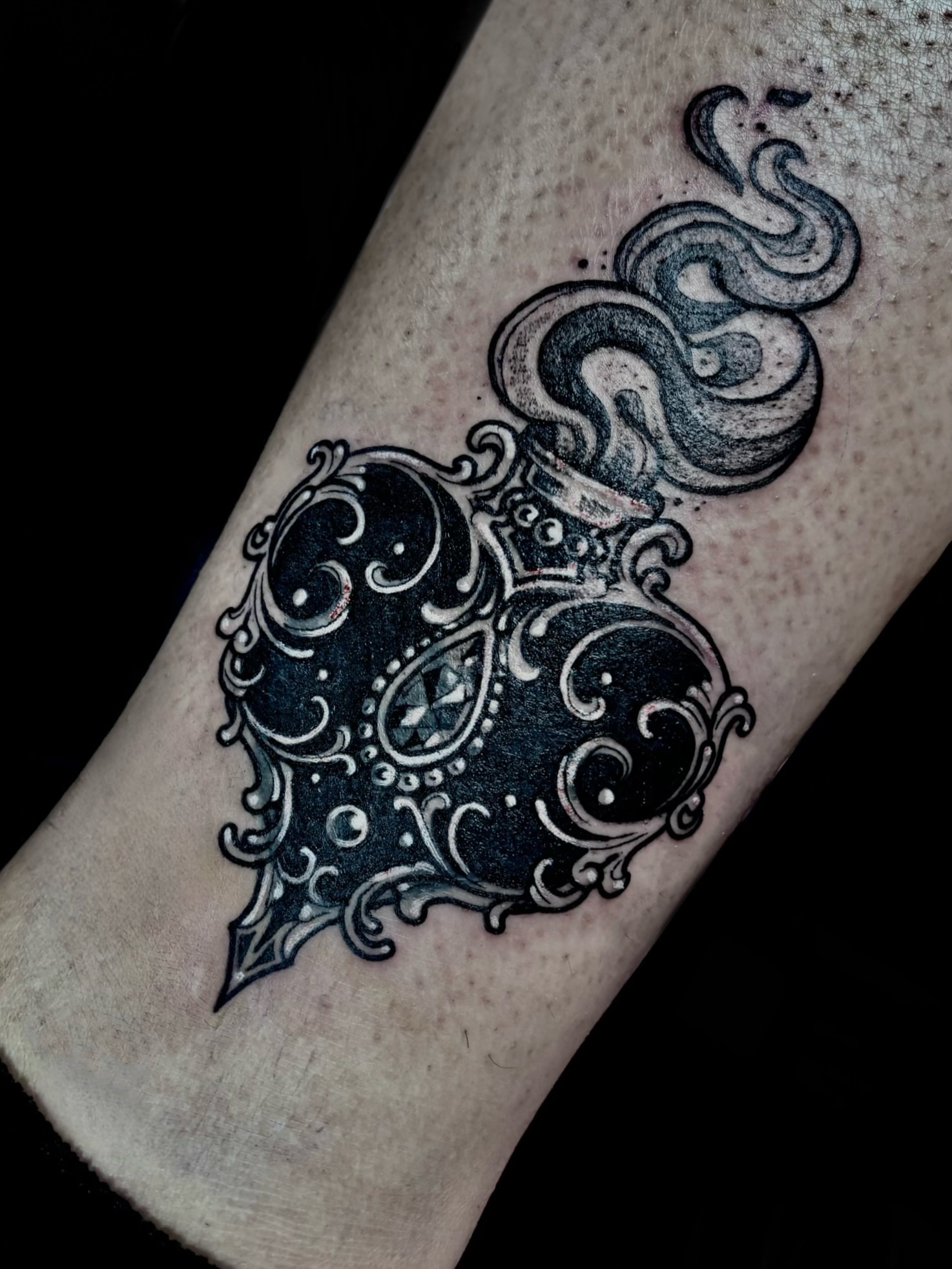 Tattoo by @katscratchtattooss — black_and_grey, ornamental