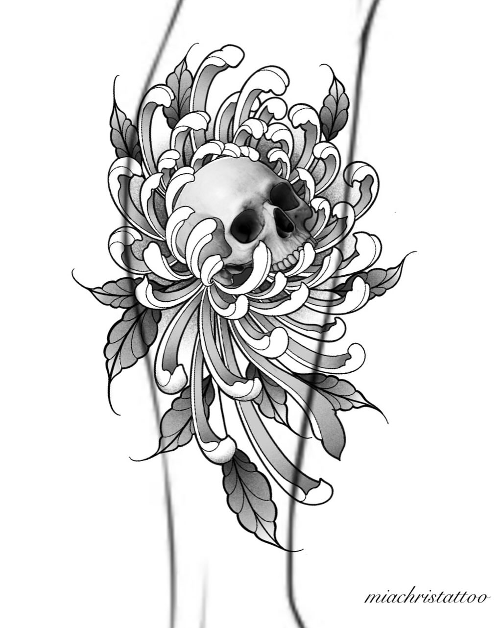 Skull and chrysanthemum ornamental tattoo on the forearm by mia christensen