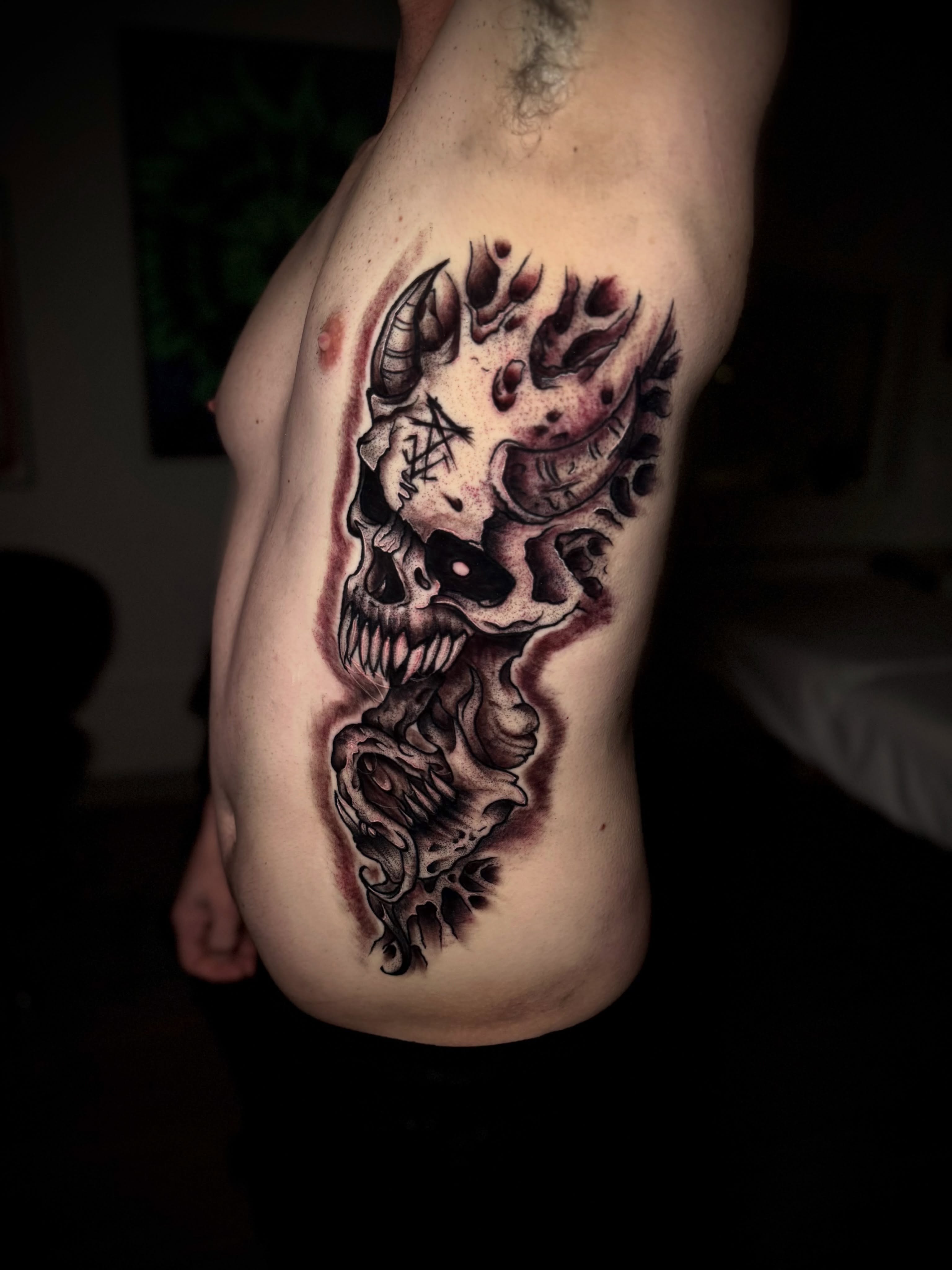 Skull and flames dark realism tattoo on the thigh by 𖤐Dillon𖤐