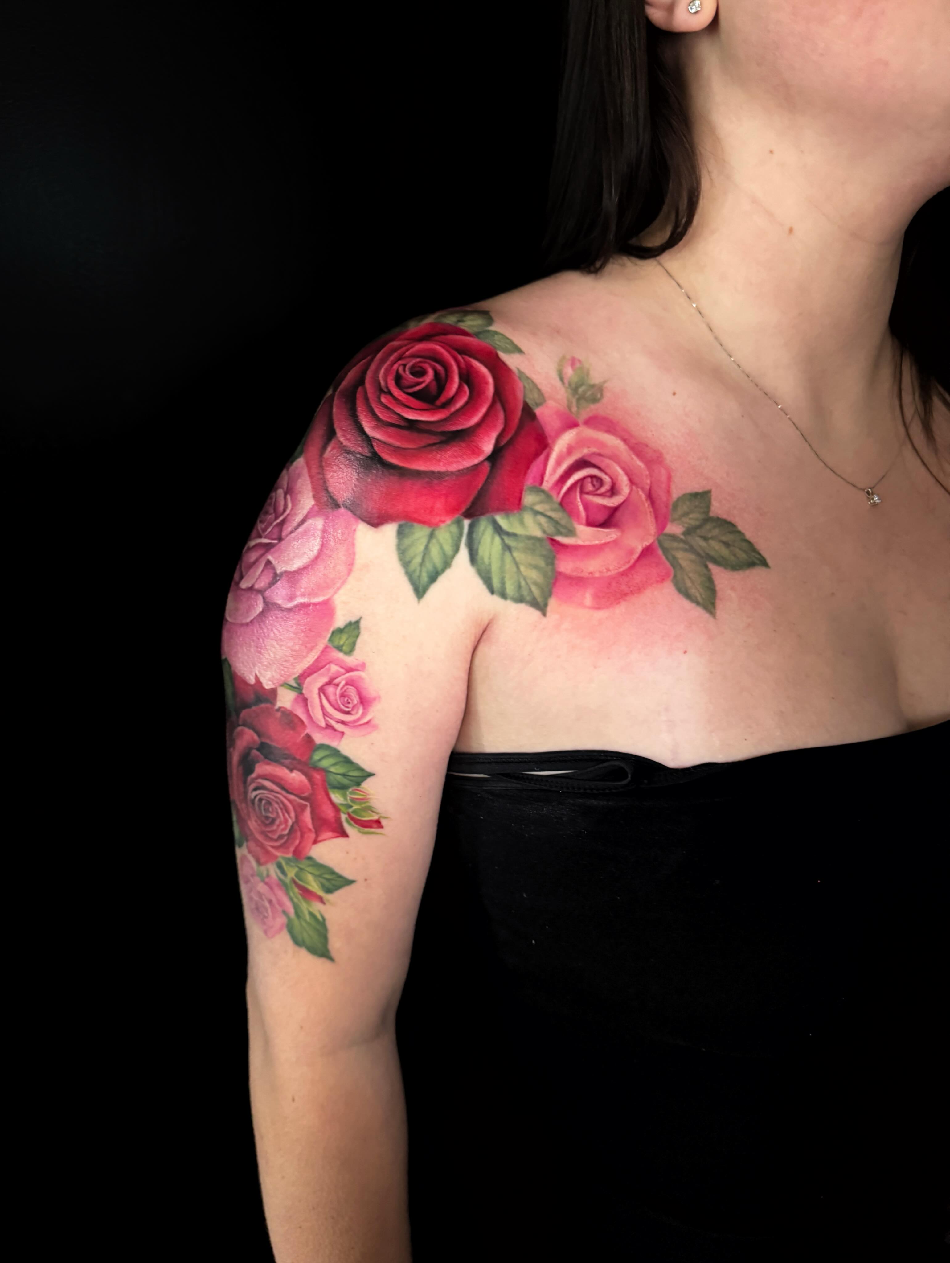 Roses realism tattoo on the shoulder by Violet Michelle Williams, Charlotte, North Carolina