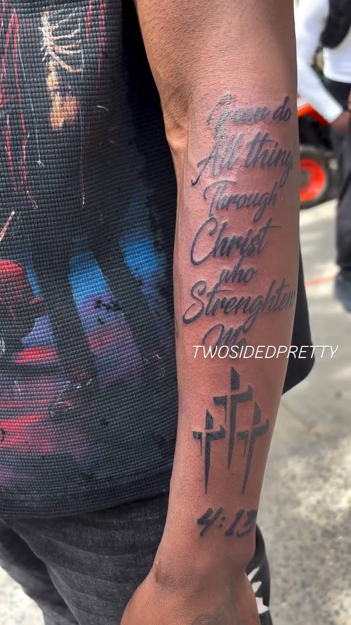 Bible verse with crosses lettering tattoo on the upper arm by @twosidedpretty