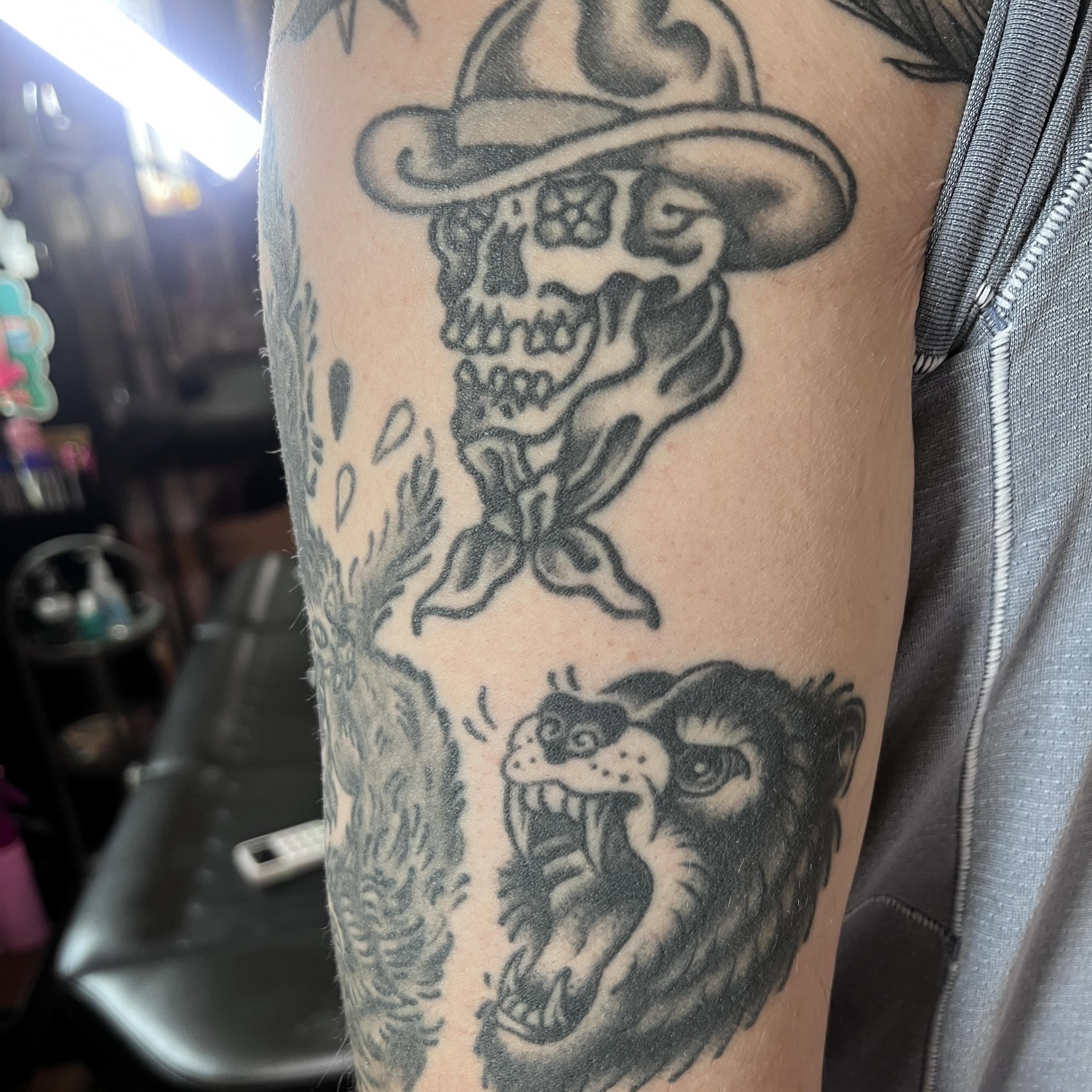 Skull wearing sombrero American traditional tattoo on the forearm by madelynne (maddie) caldwell tattoos