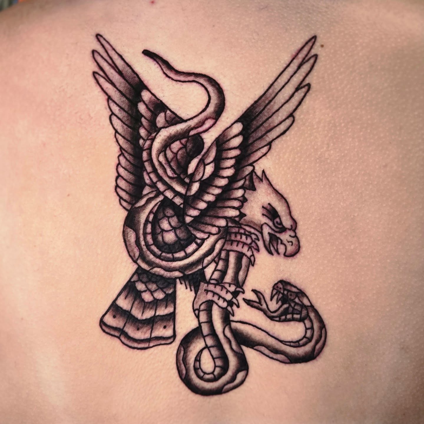 Serpent dragon black and grey tattoo on the back by Matt Page