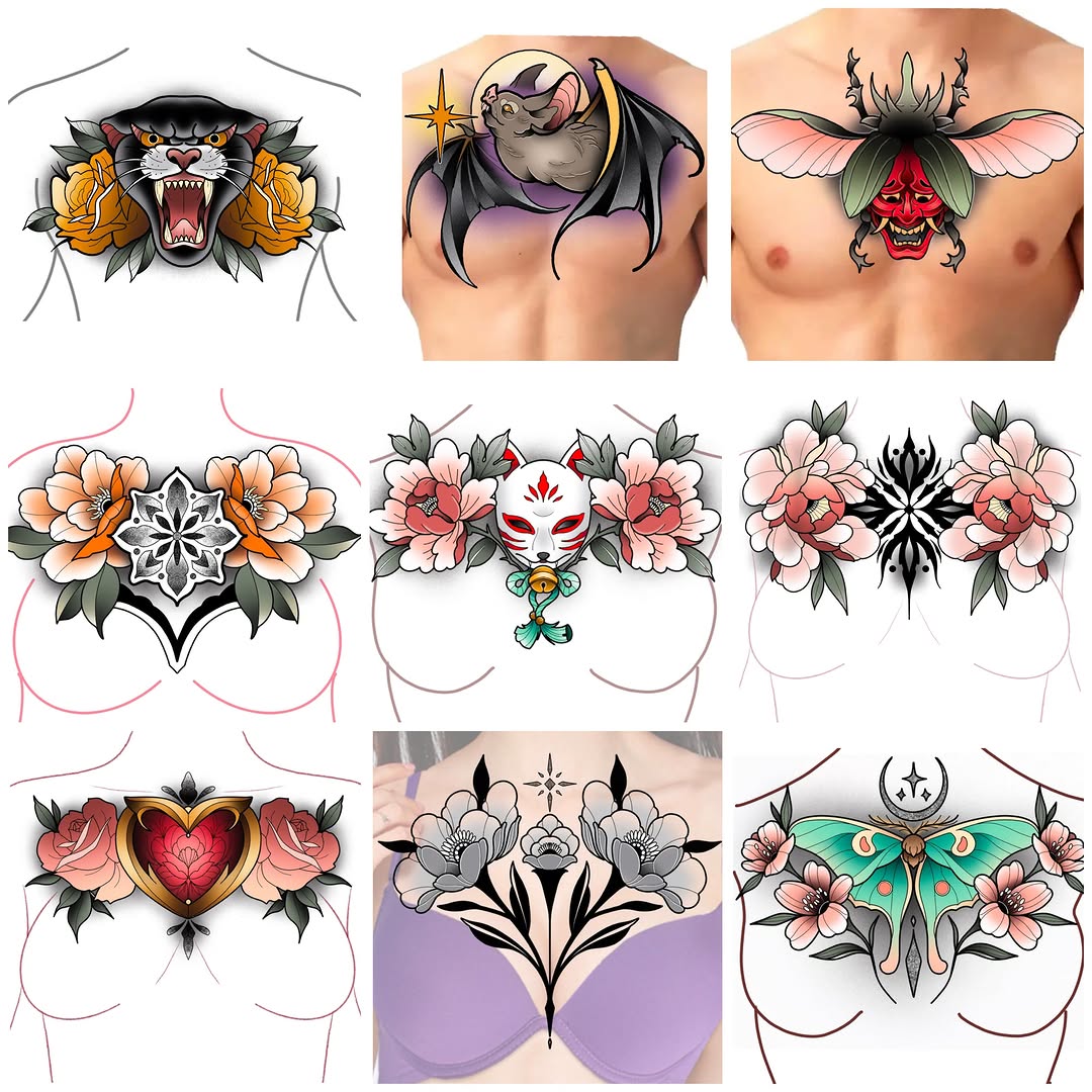 Floral and animal motifs new school tattoo on the chest by ⚡️𝑺𝑻𝑬𝑽𝑬 𝑩𝑼𝒀𝑨𝑪𝑯𝑬𝑲⚡️