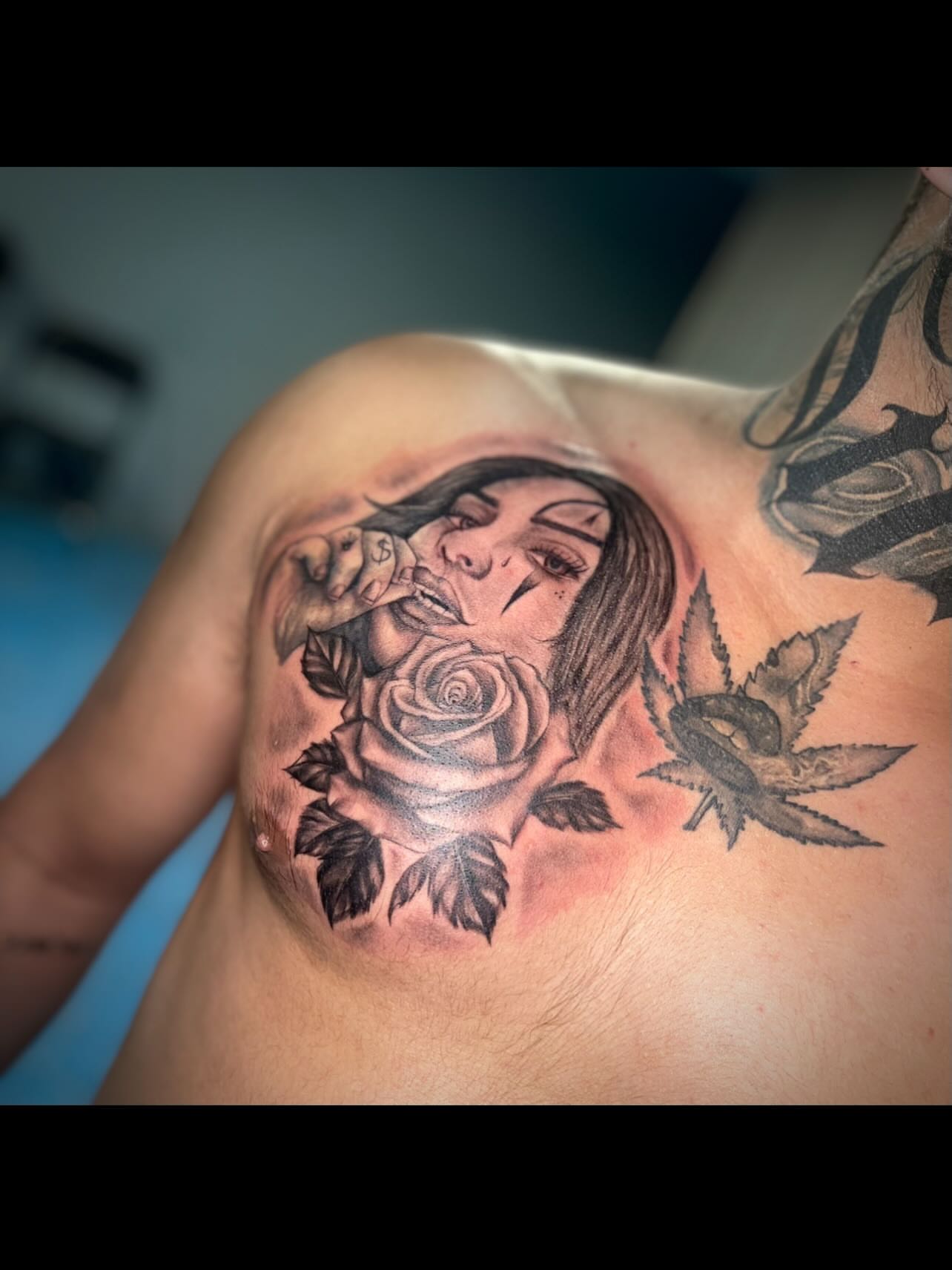 Woman smoking realism tattoo on the chest by Tu SanchoTattoos