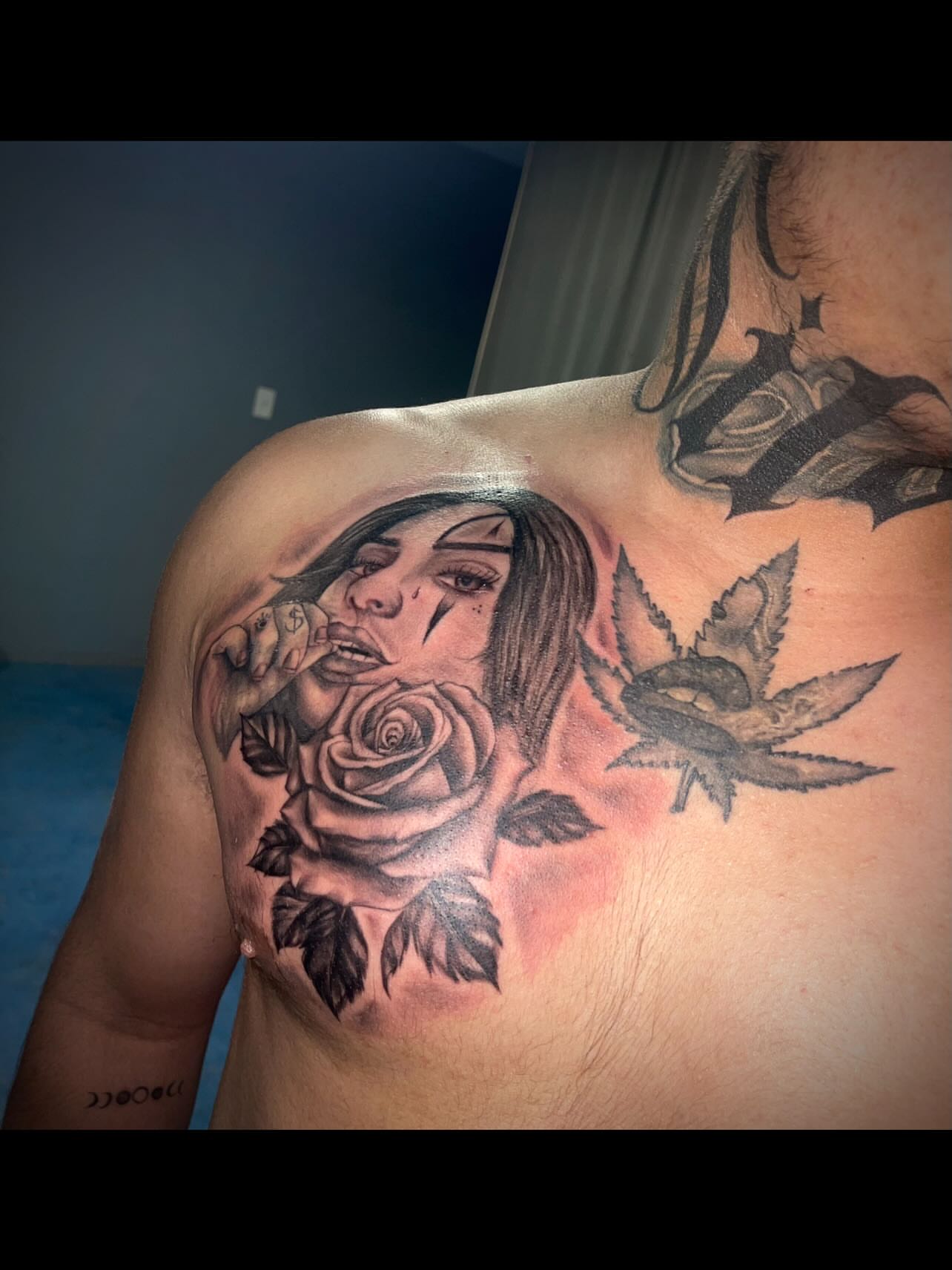 Woman smoking realism tattoo on the chest by Tu SanchoTattoos