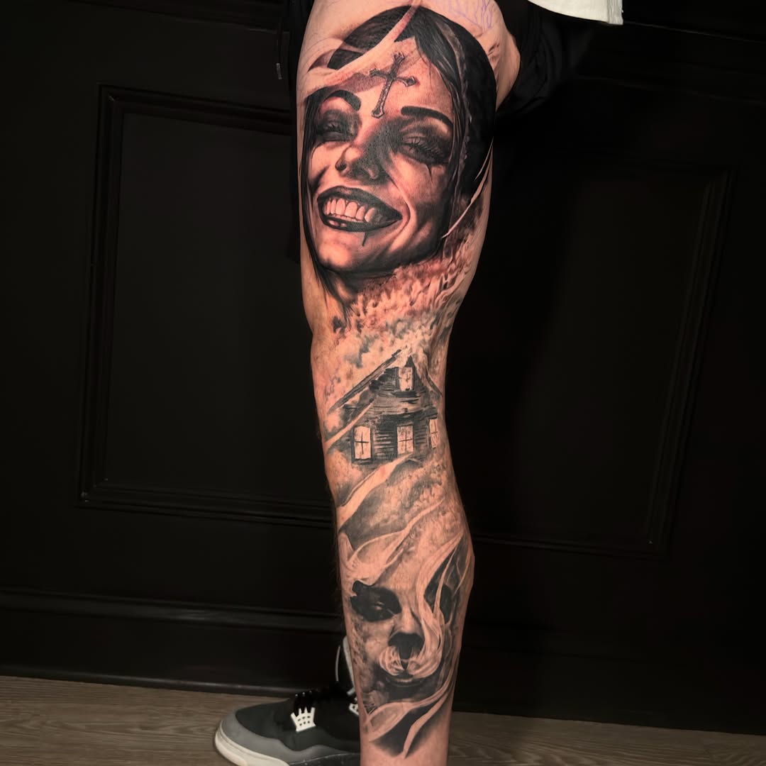 Woman's face, haunted house, skull realism tattoo on the forearm by Justin Hay