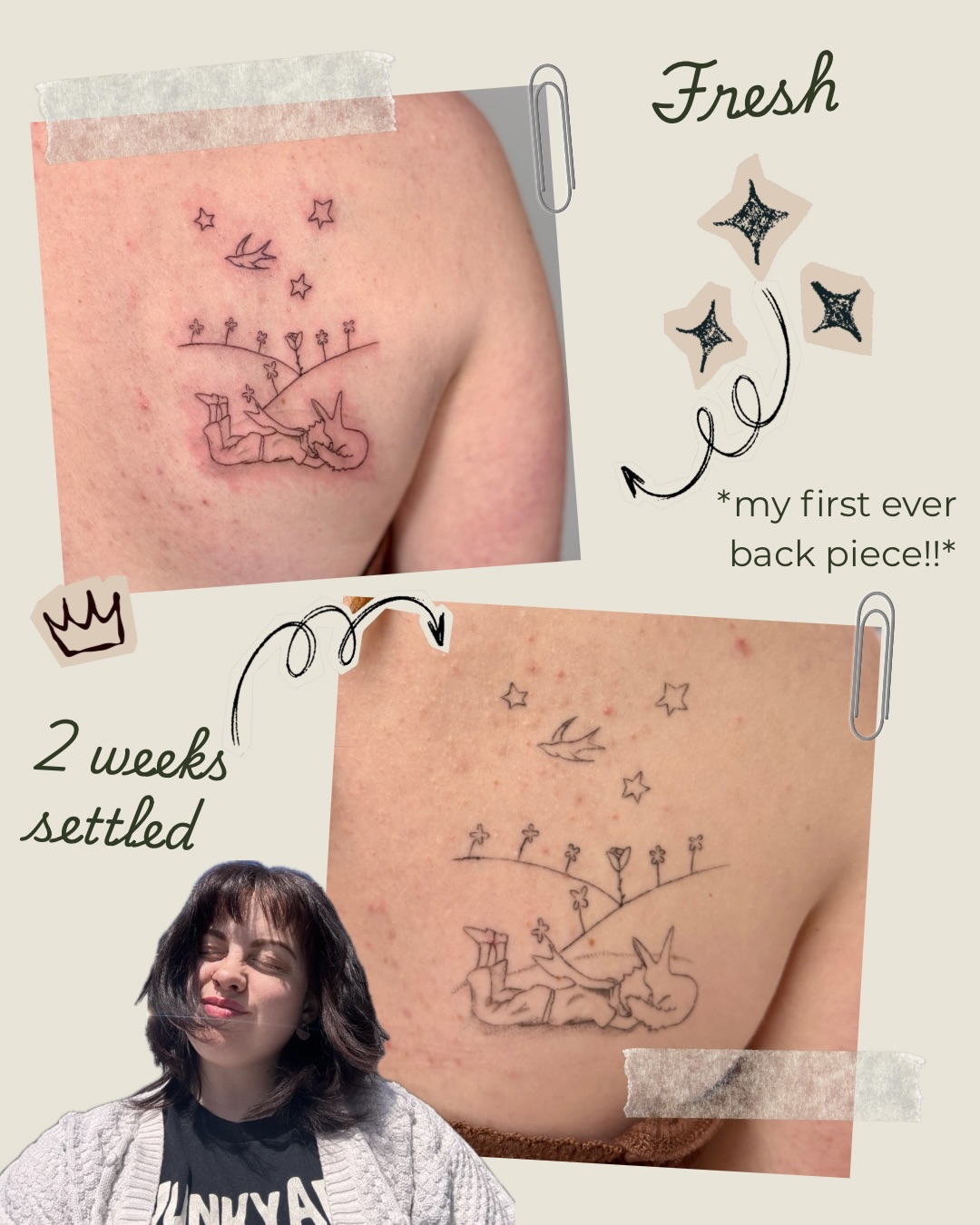 Sleeping figure with stars fine line tattoo on the back by Maddie