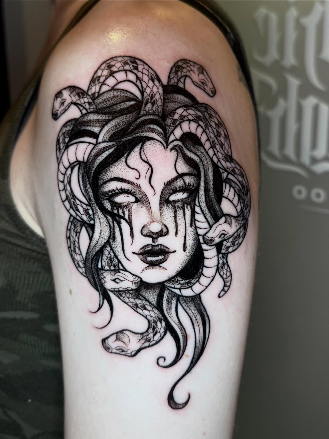Tattoo by @morgue.in.tattoos — black_and_grey, dotwork