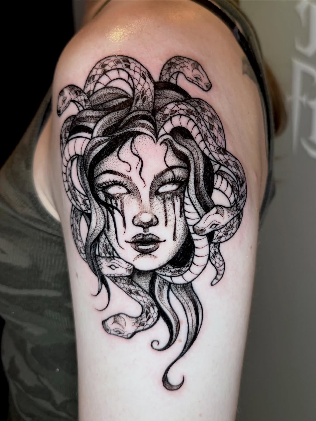 Tattoo by @morgue.in.tattoos — black_and_grey, dotwork