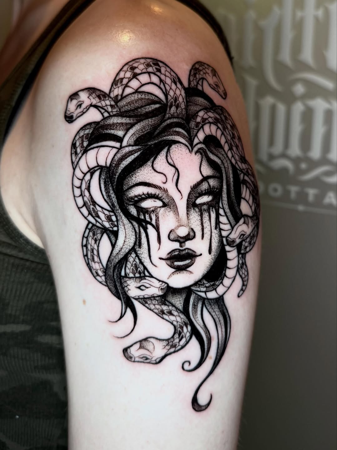 Tattoo by @morgue.in.tattoos — black_and_grey, dotwork