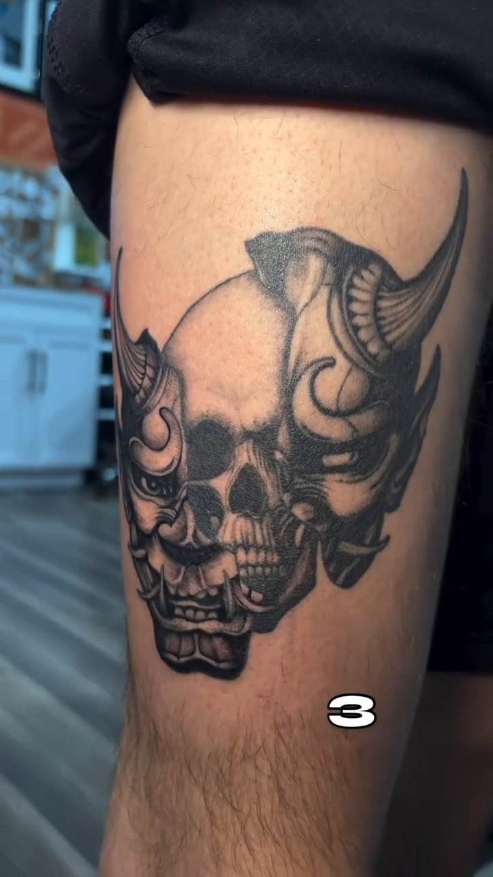 Skull and horns realism tattoo on the upper arm by ꩜ 𖦹